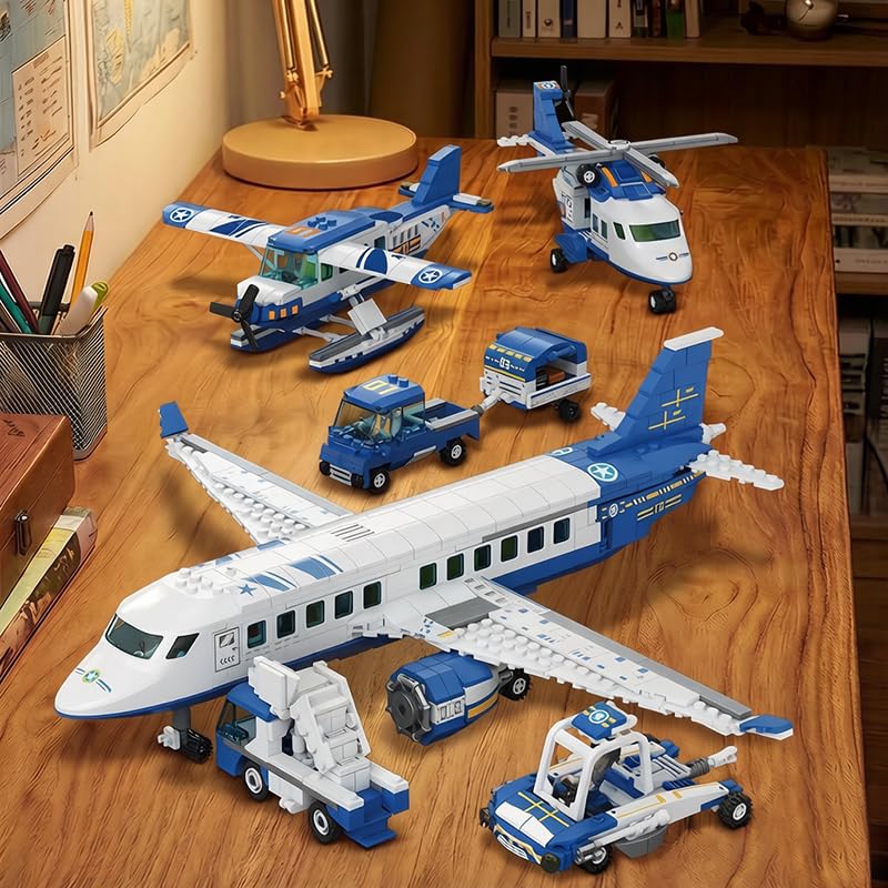 Image of SKY LINE OCEAN 4-in-1 Airplane Building Block Set, 936+ PCS Multi-Model Aircraft Kit with Passenger Plane, Cargo Plane & Airport Vehicles, STEM Construction Toy | 5 Year Structural Warranty
