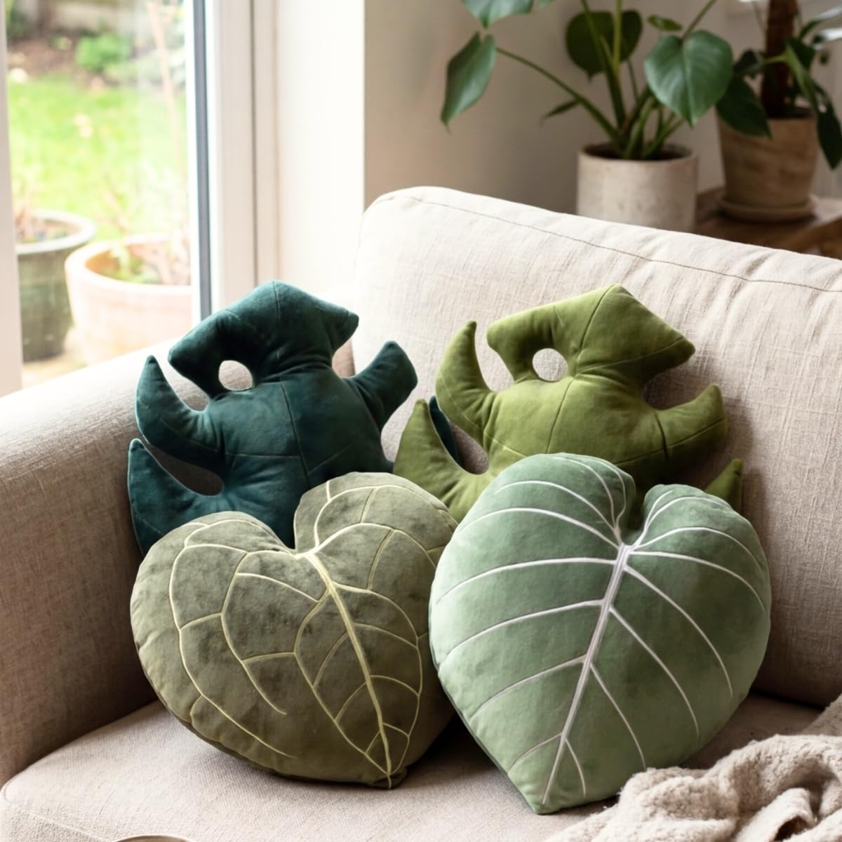 Green Philosophy Co. Plush Succulent Leaf Pillow 3D Accent Anthurium Warocqueanum Plant Throw Pillows for Couch Sofa Living Room Home Decor for Plant & Garden Lovers, Green Thumb Family & Friends: Anthurium Clarinervum - Khaki