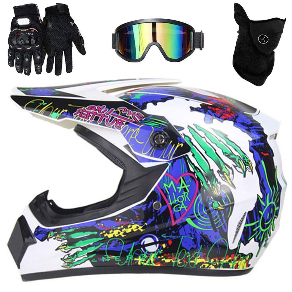 Casco da Moto Per Bambini E Adulti, MTB, Scooter, Downhill, Enduro, Set con Guanti, Occhiali E Maschera, Omologato DOT
