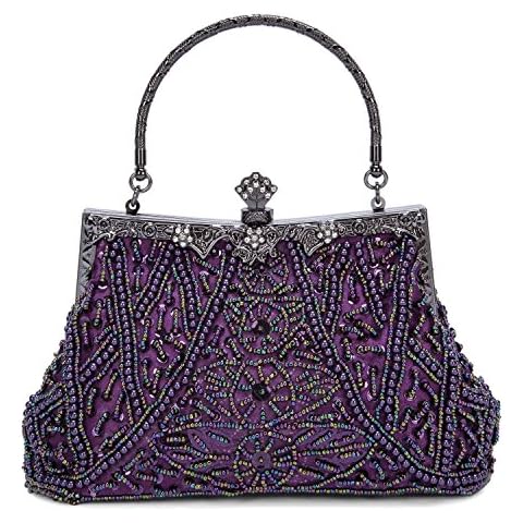 Baglamor Vintage Style Handbag Beaded Sequined Evening Bag Wedding Party Handbag Rhinestone Clutch Purse (Purple) Cover