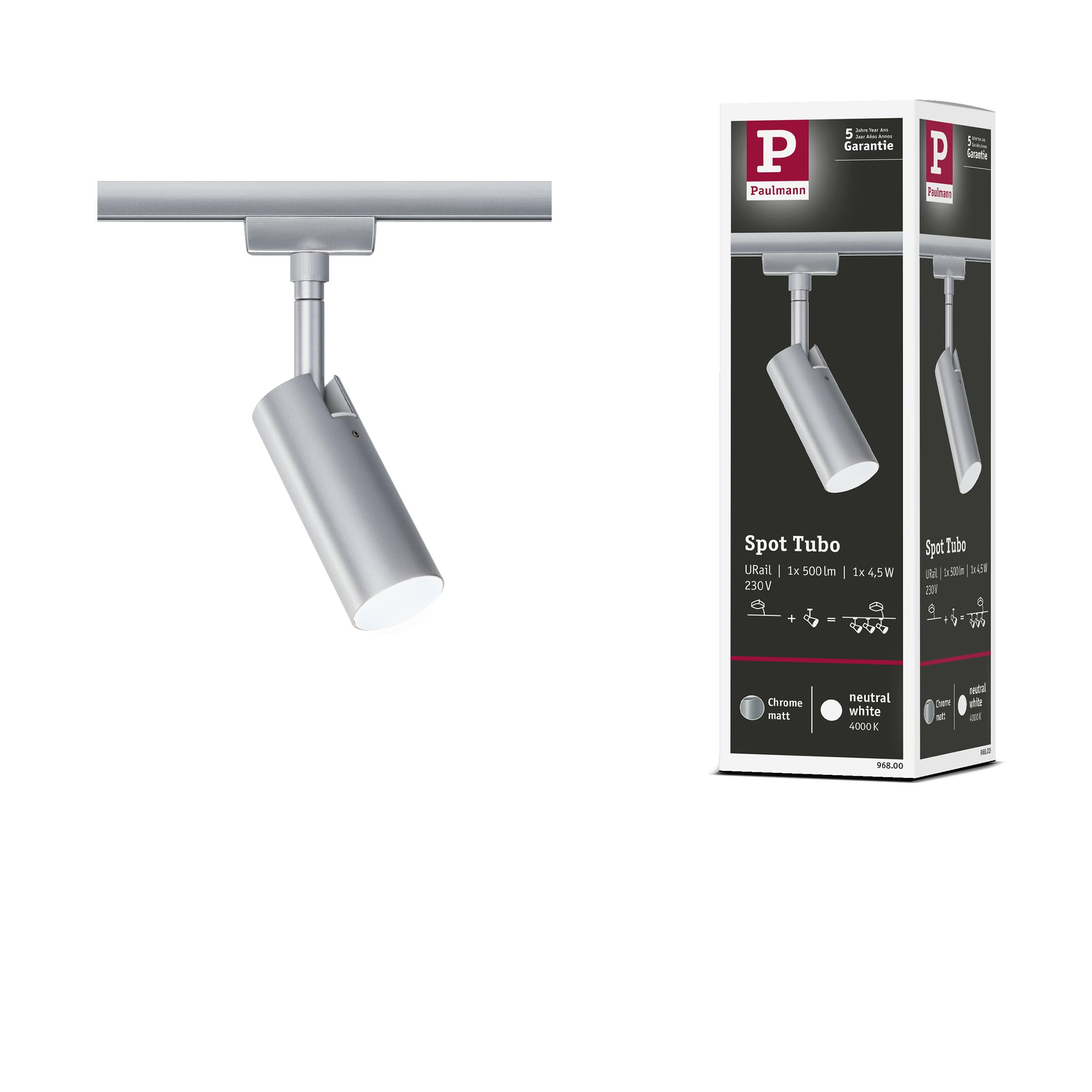 Paulmann 96800 URail Spot sur rail LED Tubo Spot simple 234 lm 4,5 W 4000 K 230 V chrome mat Système de rail URail