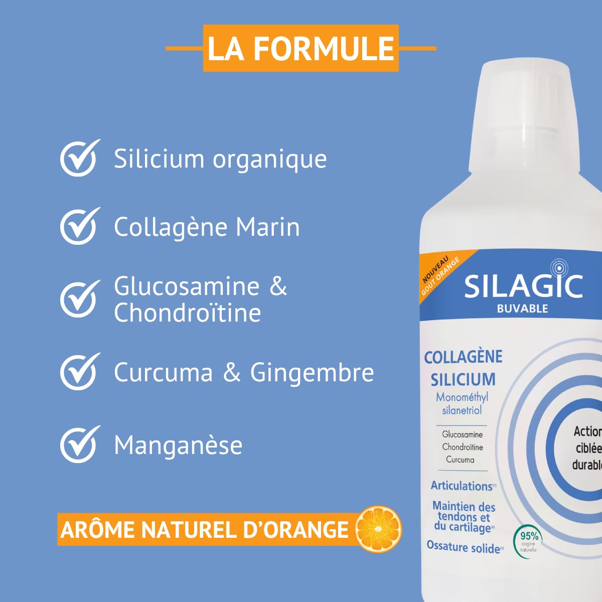 SILAGIC - Solution Buvable au Collagène & Silicium Organique - Avec Chondroïtine, Glucosamine & Curcuma - Articulations Sensibles - Confort Articulaire & Ossature Renforcée - Fabriqué en France - 1L