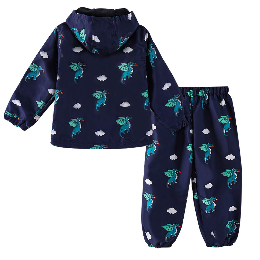 LZH Bambini Impermeabile Ragazzi Giacca con Cappuccio Dinosauro Cappotto + Pantaloni Set