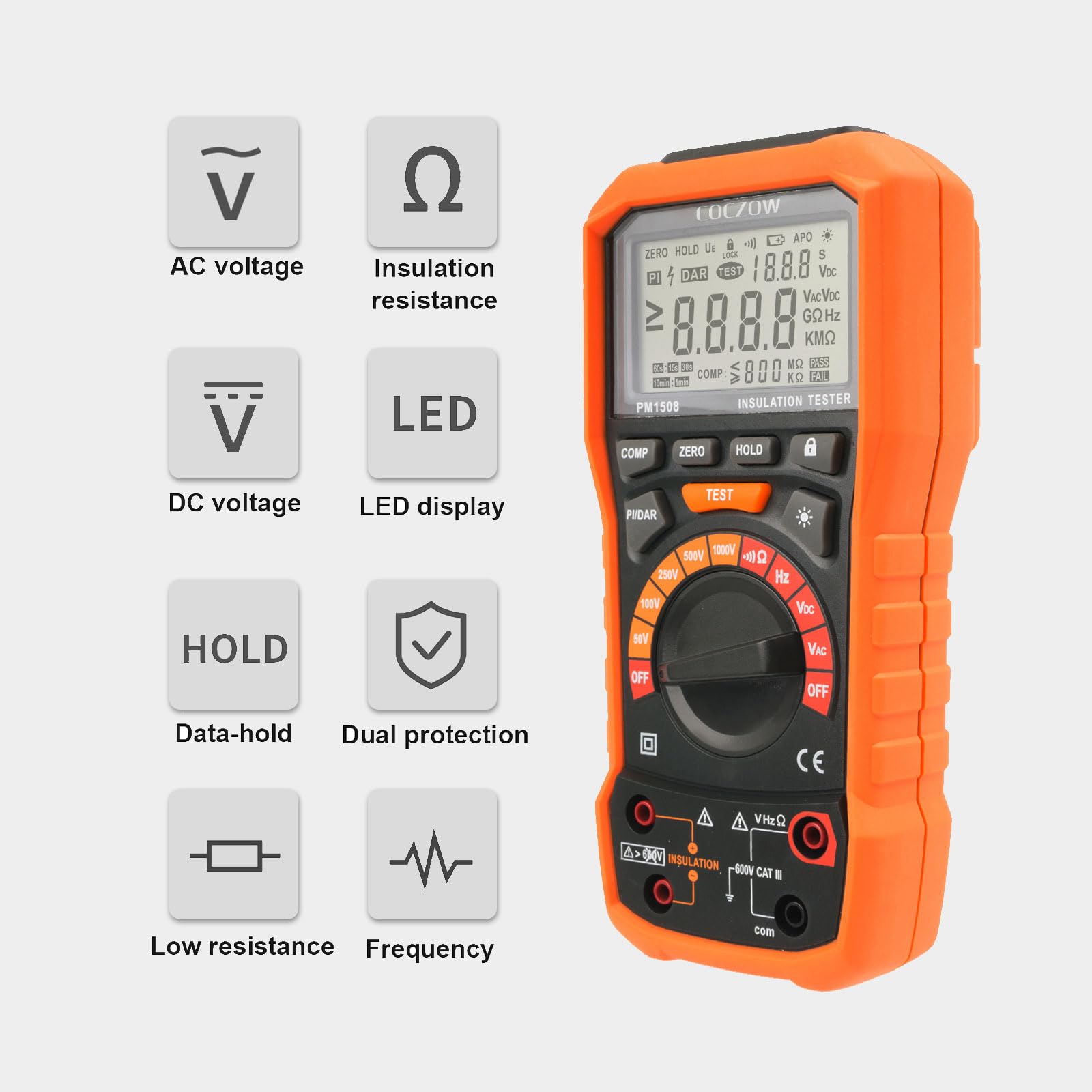 Testeur de résistance d'isolement mégohmmètre numérique 1000 V AC/DC pour appareils électriques, résistance d'isolement jusqu'à 100 GΩ, avec PI/DAR, test de fréquence et basse tension, avec écran LCD