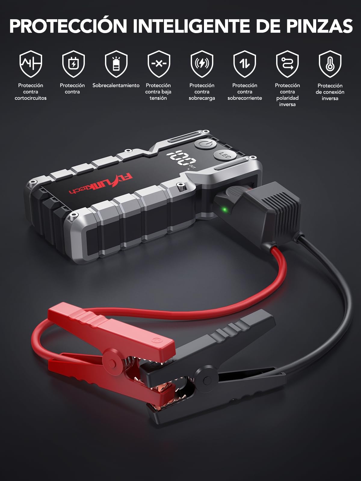 Arrancador de Coches, FLYLINKTECH 6000A 12V Arrancador de Baterias de Coche, para 9.0L Gas o 8.0L Diesel con Pantalla LCD, Linterna LED