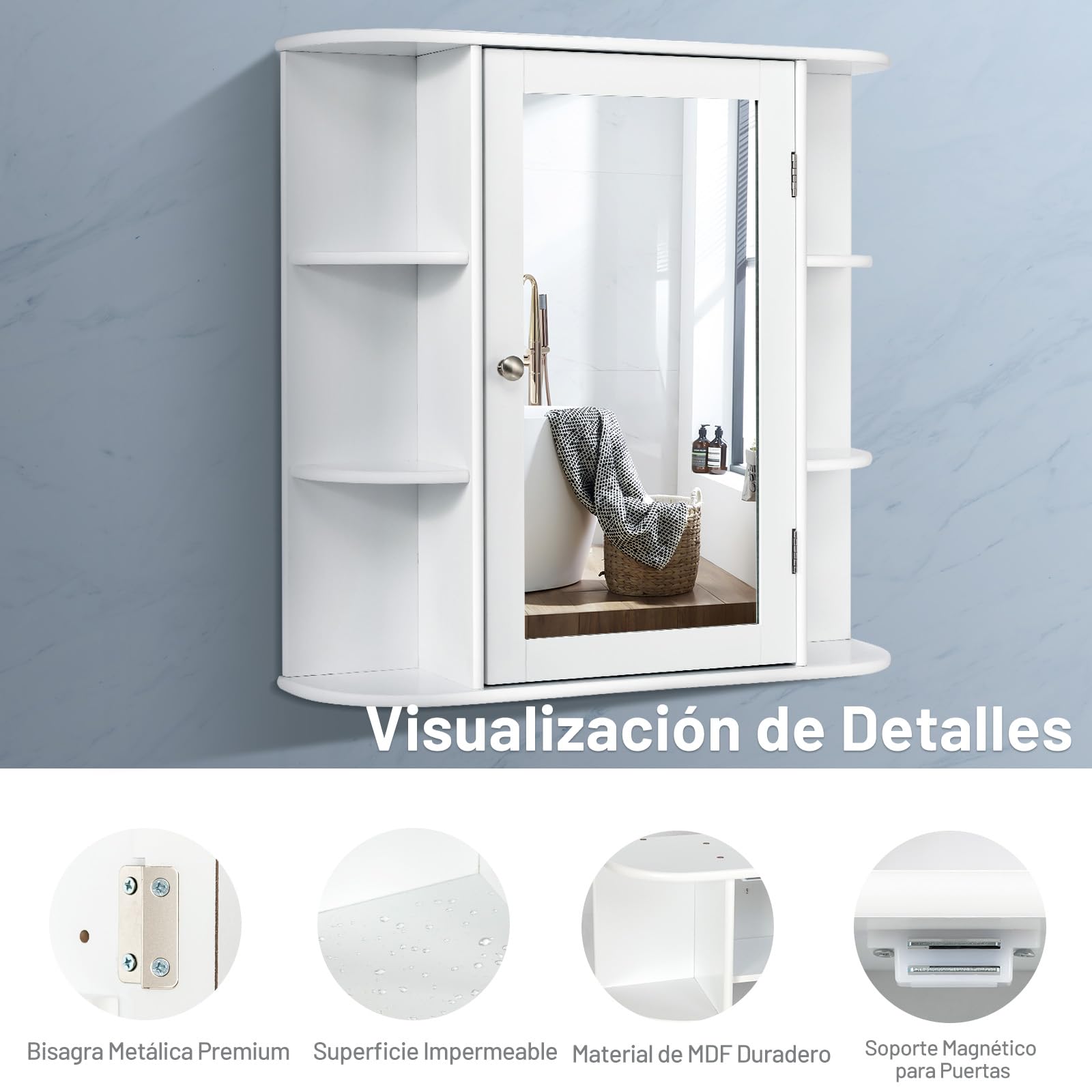 COSTWAY Armario del Baño con Espejo, Armario Montado a la Pared, Armario de Madera Colgado con Repisas Regulables y Compartimientos Abiertos, Botiquín Multiuso para Baño Salón Cocina (Blanco)
