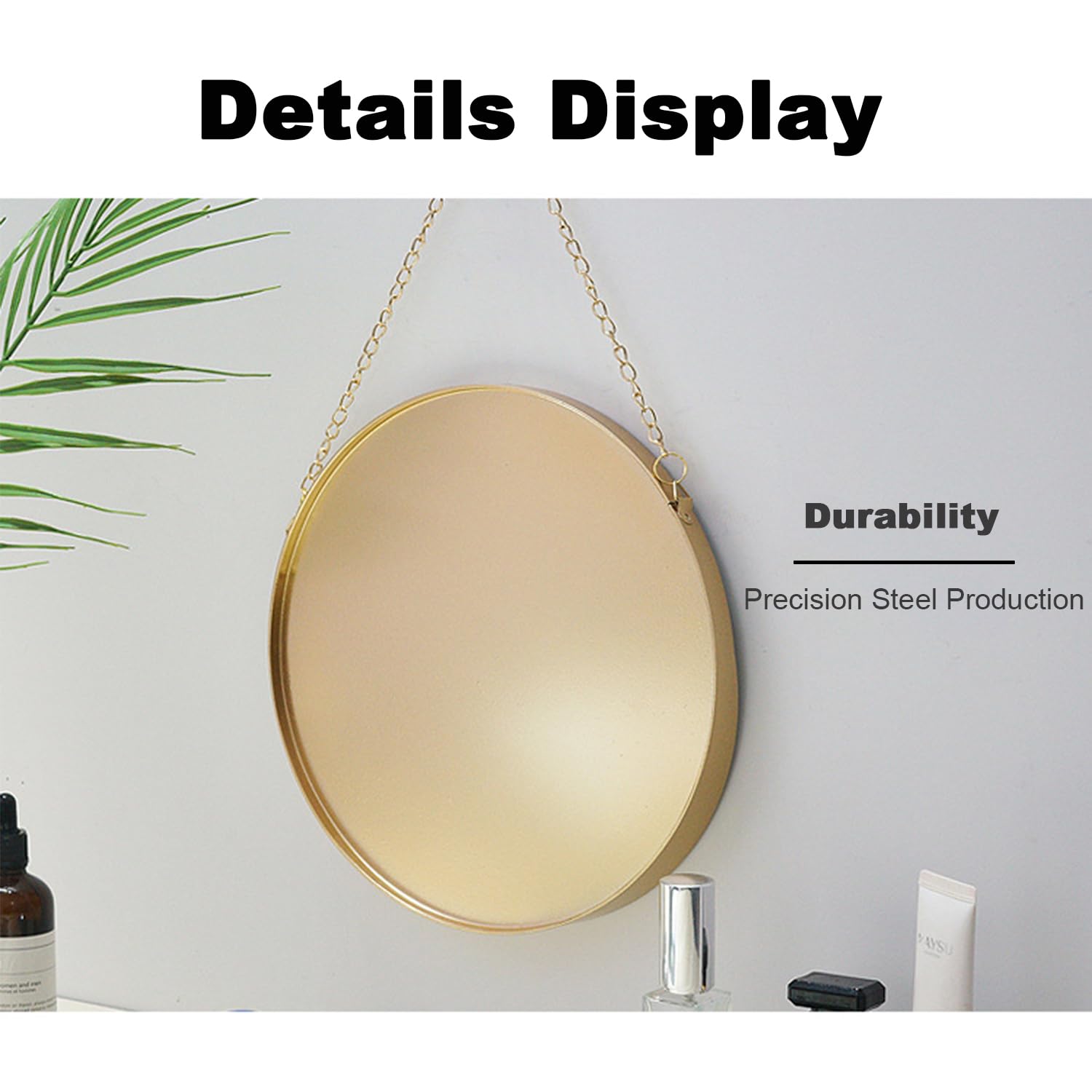 AIFUSI Specchio da Appendere, 25 x 25 cm Specchio per Il Trucco Rotondo da Bagno Cornice in Ottone con Catena Appesa Stile Semplice [Small Size]
