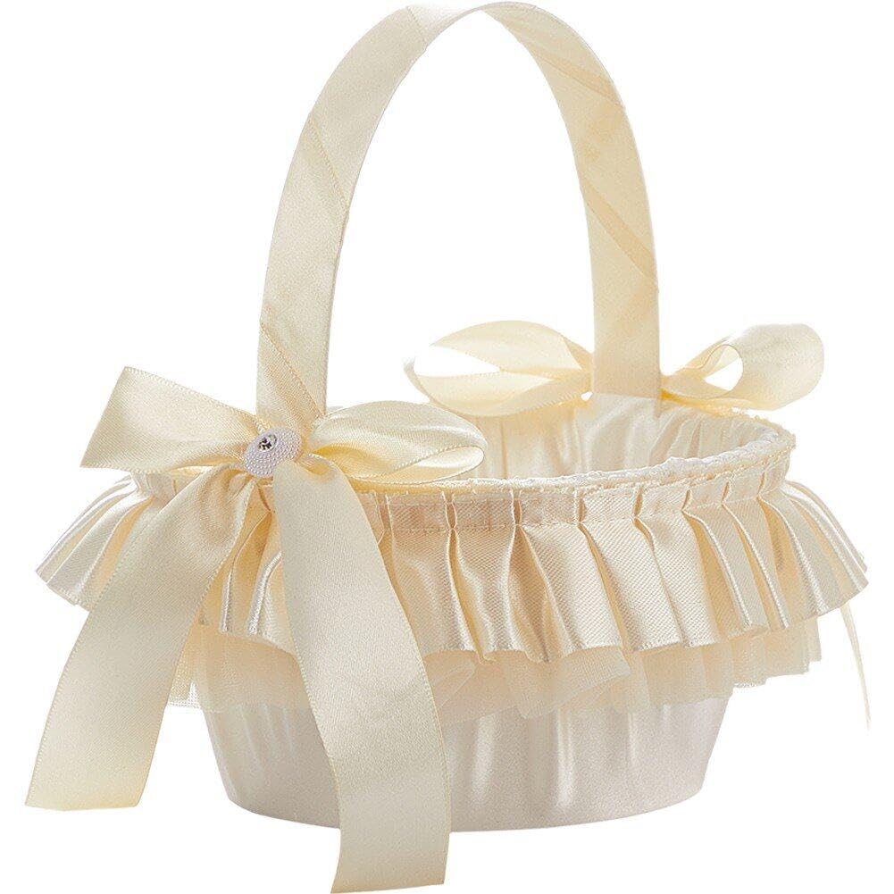 Muteitt Flower Girl Basket Round Champagne Satin Wedding Flower Girl Basket Pleated Skirt Flower Baskets Wedding Basket with Handle