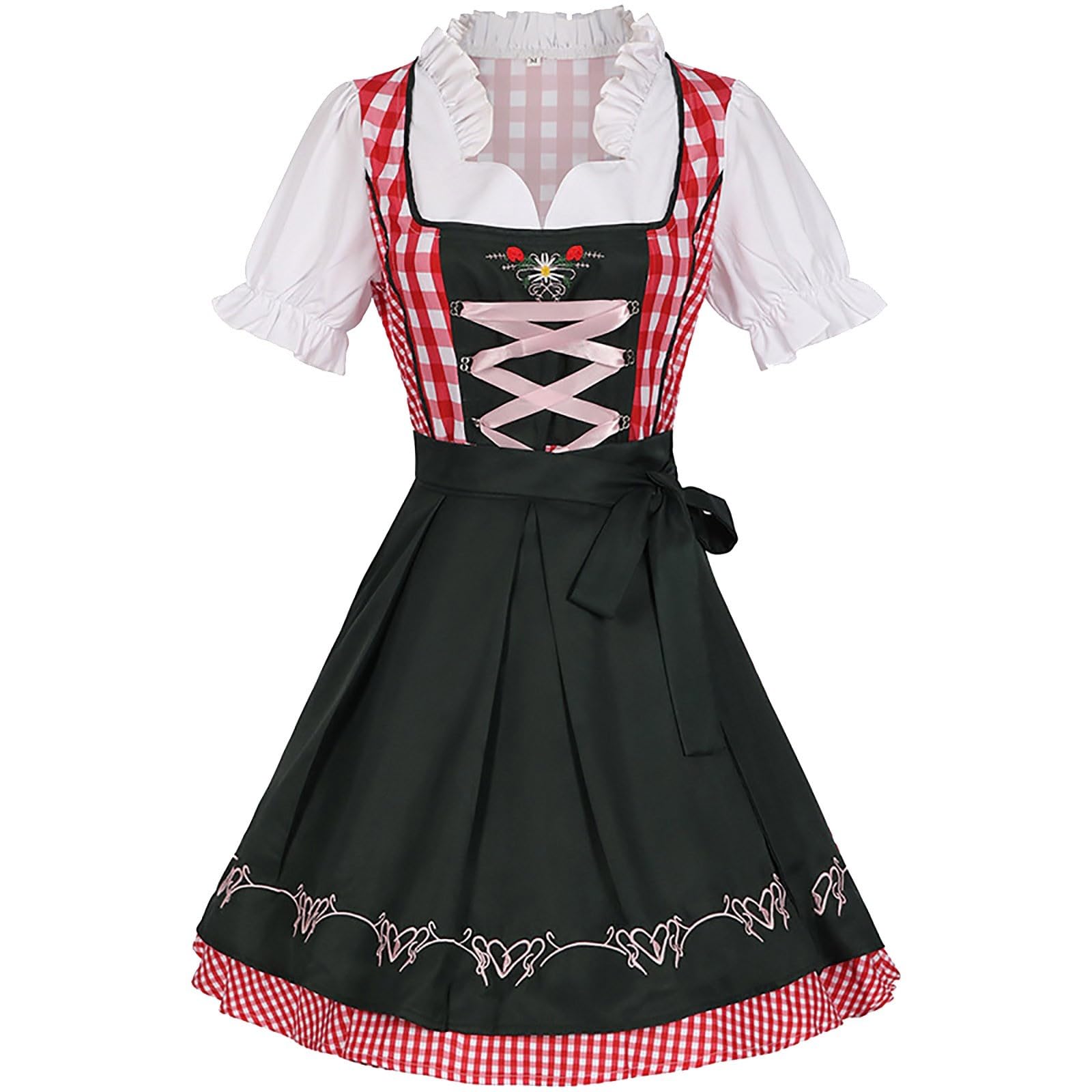 Women Dirndl Dress Oktoberfest Costume German Dirndl Dress 3 Pieces Plaid dirndldress with Apron Fancy Midi Skirt Oktoberfest Outfit Bavarian Costumes for Bavarian Beer Carnival Party