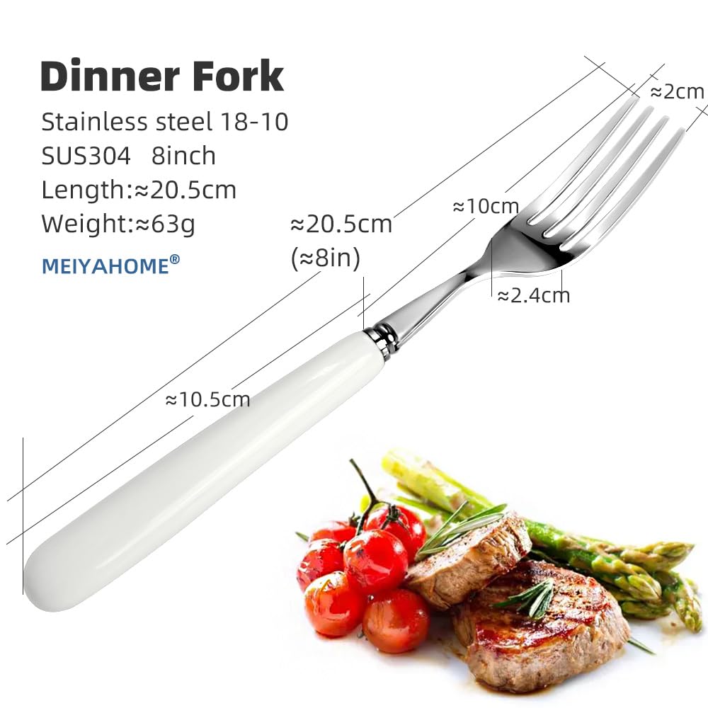 MEIYAHOME 4Pcs 20.5CM 8inch Good Dinner Fork 18/10 Stainless Steel Table Fork (Creative white ceramic handle) Main Course Fork, 4-Tine Fork, SUS304 Steak fork (4)