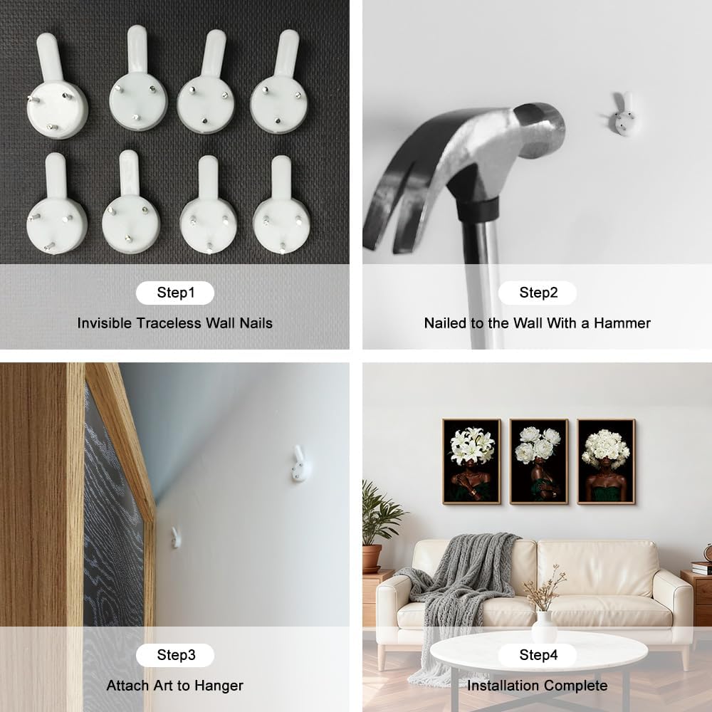 HPINUB Black Woman Framed Canvas Prints Wall Art Set, Abstract White Hydrangea Wall Decor, Vintage African American Girl Art Photos for Living Room, Bedroom, Dining Room, Office, Bathroom - 16x24x3