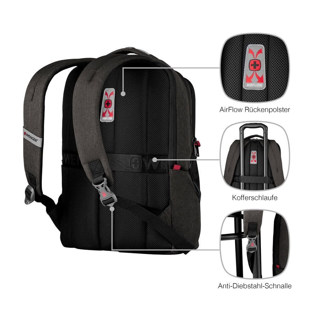 WENGER MX Professional Laptop-Rucksack mit Tabletfach, Notebook bis 16 Zoll, Tablet bis 10 Zoll, Organizer, 21 l, Damen Herren, Büro Business-Reisen Uni, Grau, 611641