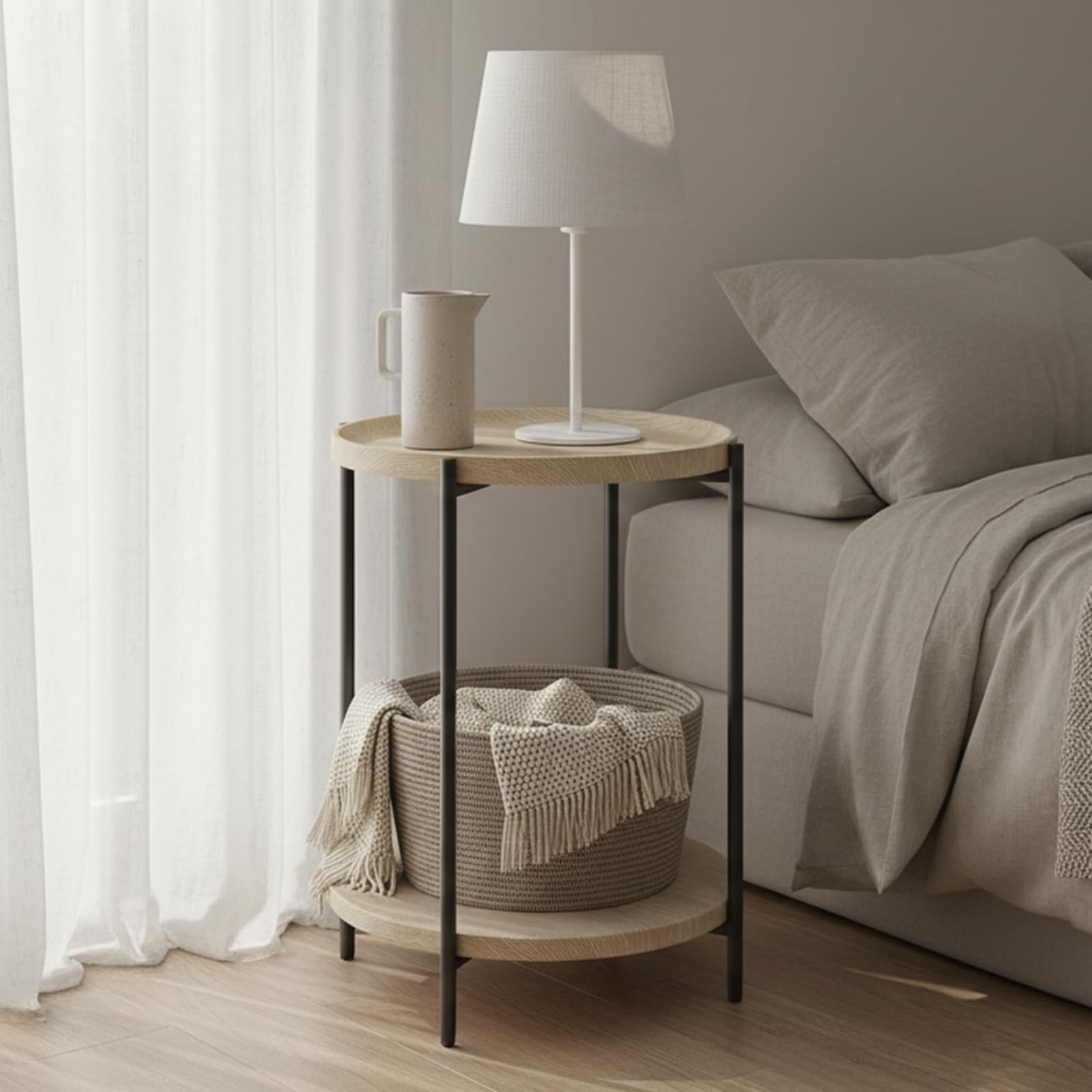 WOLTU Table Basse Ronde 2 Étagères Avec Plateau Amovible - Table D'Appoint Chêne Clair Métal Pour Salon, Balcon Ou Chambre