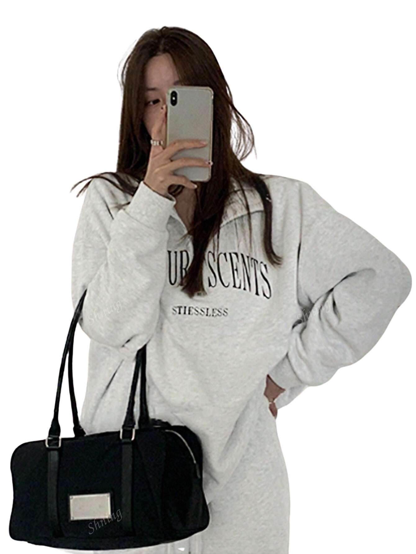 sxv style Favour Printed Half Zip up Women's Solid Color Long Sleeve Loose Fit Pullover Sweatshirt-picture-13