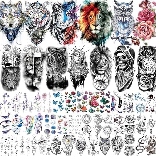 VANTATY 54 Sheets Large Watercolor Lion Owl Temporary