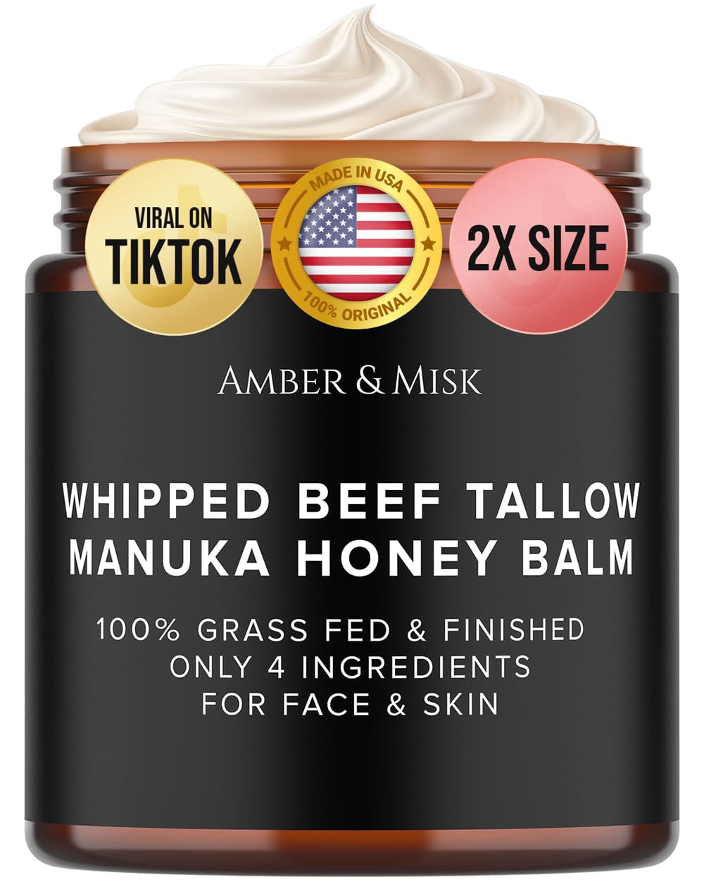 Whipped Beef Tallow and Honey Balm, 100% Grass Fed Beef Tallow Balm, Grass Finished Organic Beef Tallow for Skin, Face Wrinkles, Acne, No Fragrances,