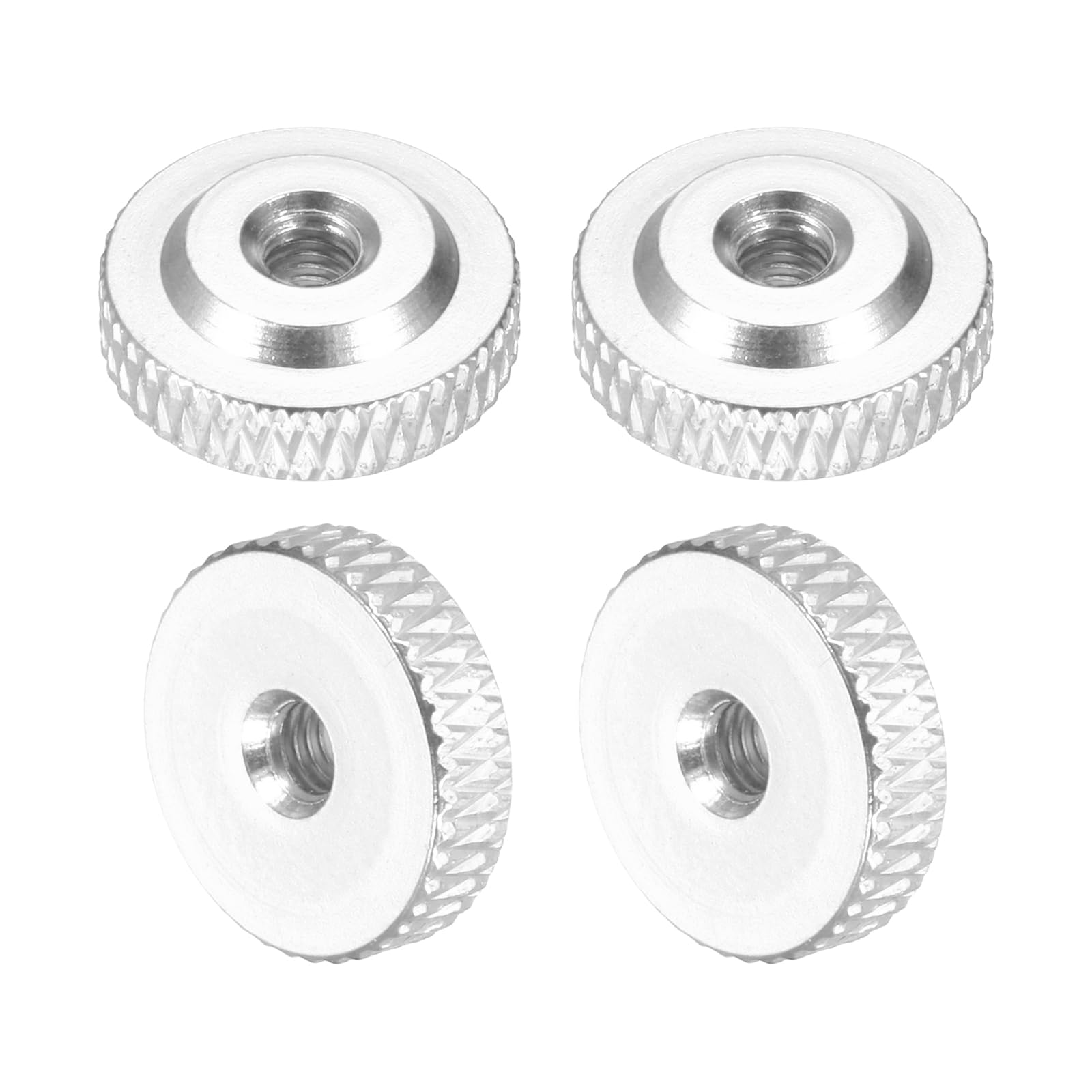 sourcing map 4 Pcs Knurled Thumb Nuts, M4 x 14 mm x 5 mm Female Shoulder Aluminum Flat Through Hole Lock Adjusting Nuts Handle Knob Fasteners for 3D Printer Parts, Machine, DIY, Silver Tone