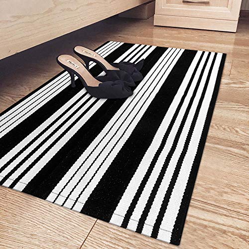 Ojia Cotton Black And White Striped Rug 24'' X 51'' Hand-Woven Indoor/Outdoor Area Rug Layered Door Mats For Front Porch/Entryway/Laundry Room/Bedroom/Outdoor #TOP3