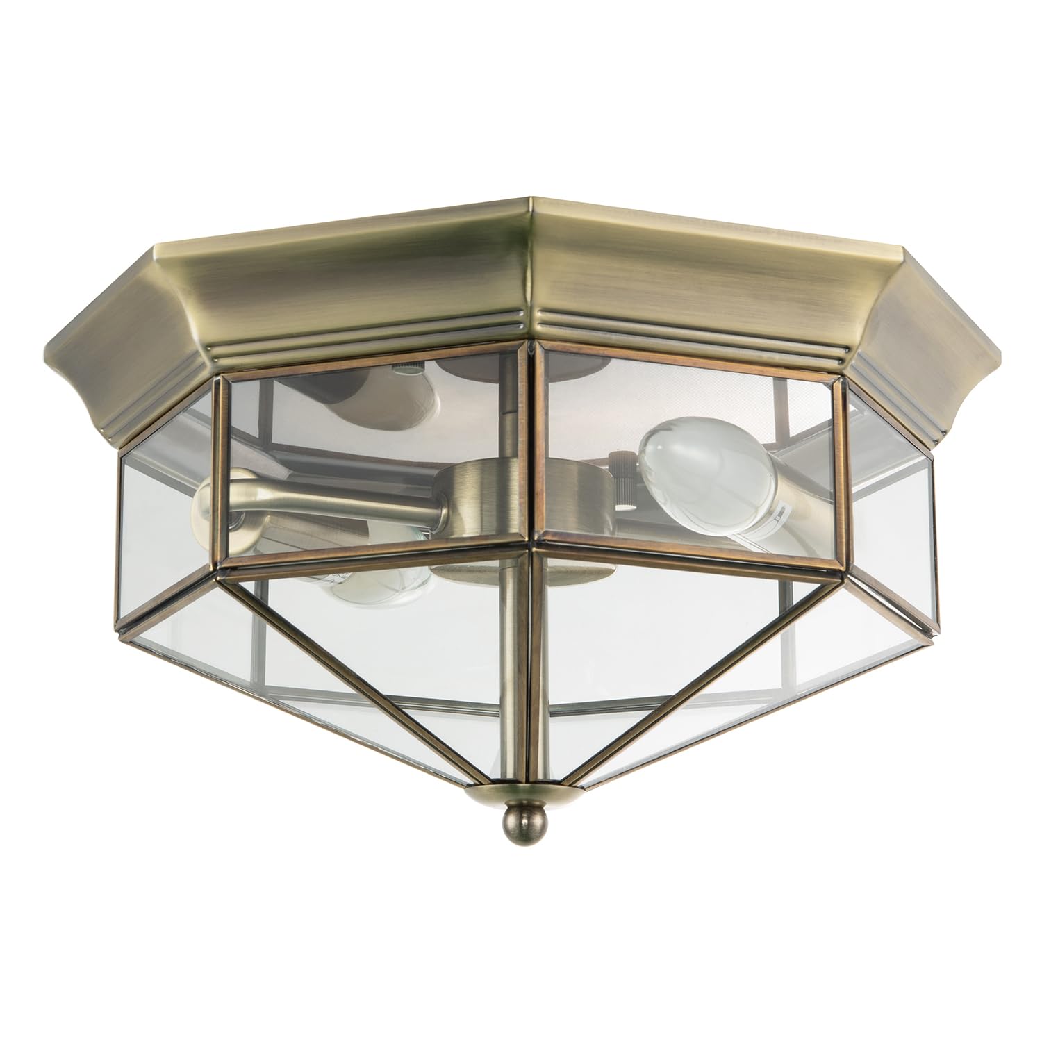 Happy Homewares Antique Brass Classic Flush Ceiling Light In With Clear Glass Panels | 2 X 7W E14 | 30Cm Diameter | Bevelled Strip Metal Trims