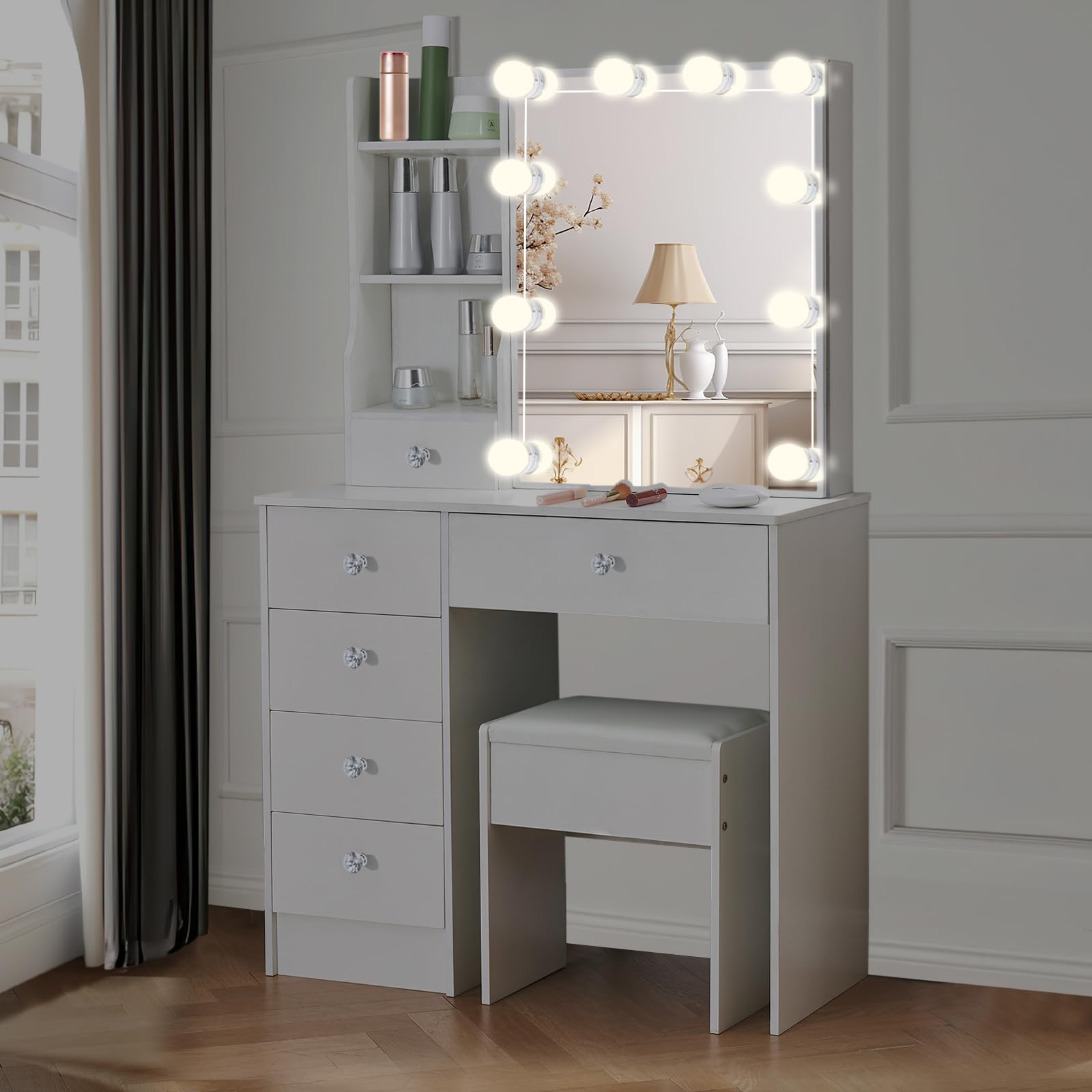 Tavolo da toeletta con illuminazione a LED, tavolo da toeletta con specchio per trucco, tavolo cosmetico con specchio, 3 colori con luminosità regolabile - M39