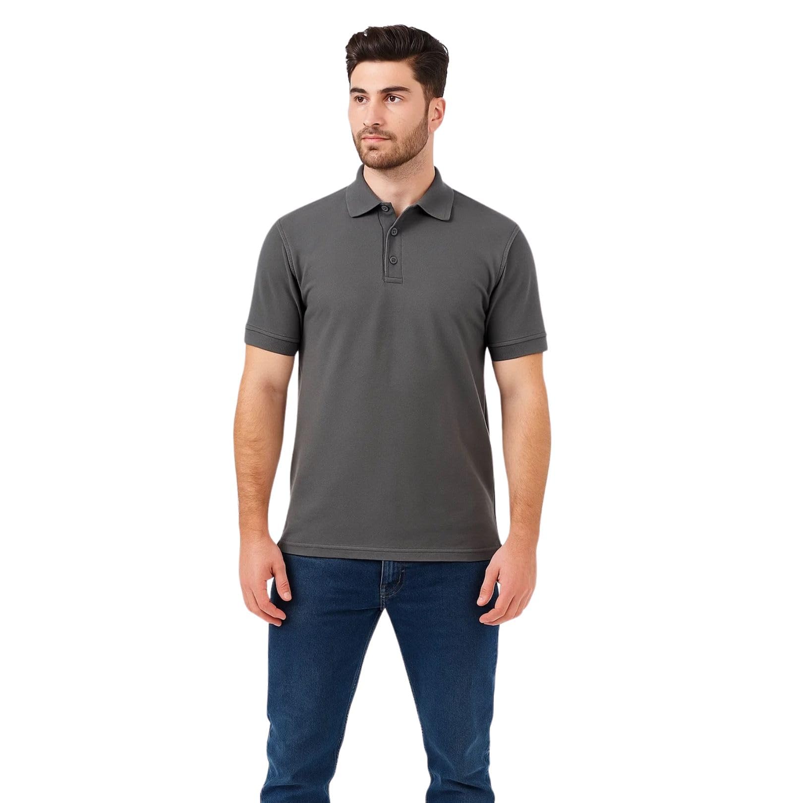 True Face Men's Mid Grey Polo Shirt Plain Tshirt Short Sleeve Summer Work Pique T Shirt Workwear Adult Tee Classic Casual Pk Short Sleeve Top M