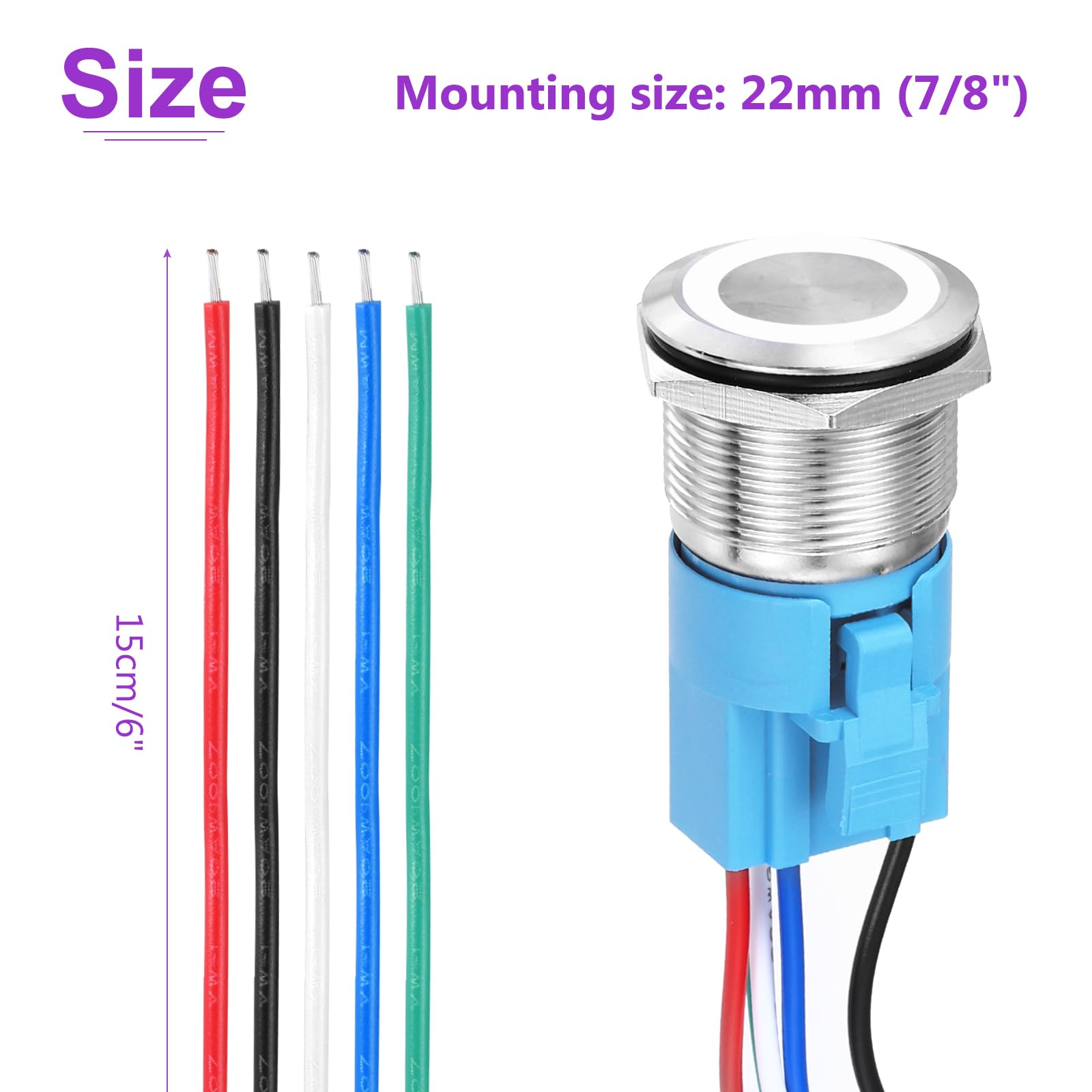 DMiotech 1 Pcs 7/8" Stainless steel Latching Push Button Switch 5Pin 1NO1NC 5A 12-24V Silver Flat Button White Ring Lamp with Socket Plug with Wire for Car Boat Systems - Image 4