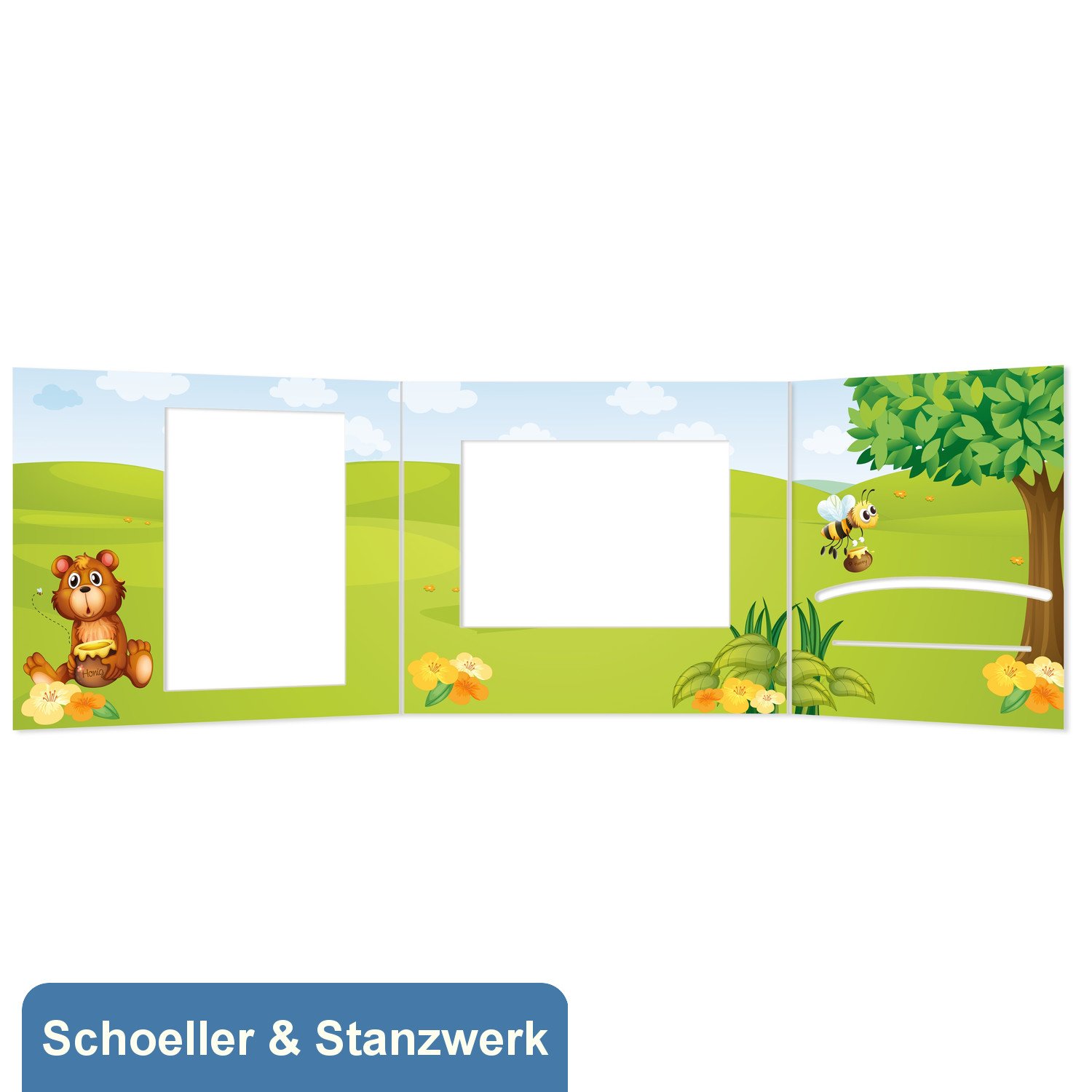 Schoeller & Stanzwerk© - 25 Stück 3-teilige Portraitmappe Kinder/Schulfotomappe für 13x18 cm Fotos - mit farbigem Druck "Honigbär"
