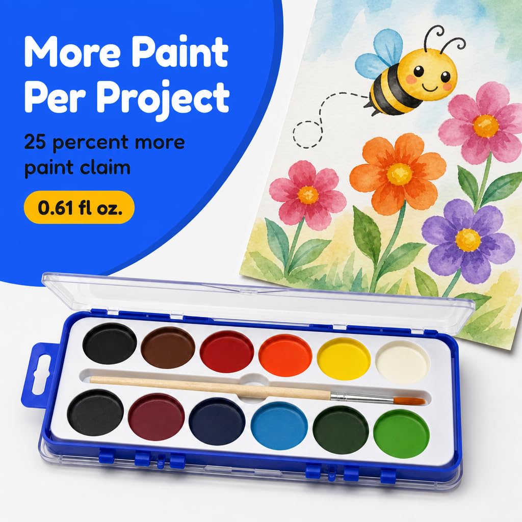 Aquarellfarben-Set mit Holzpinseln, 12 waschbare Farben mit 25 % mehr Farbe, 36 Stück