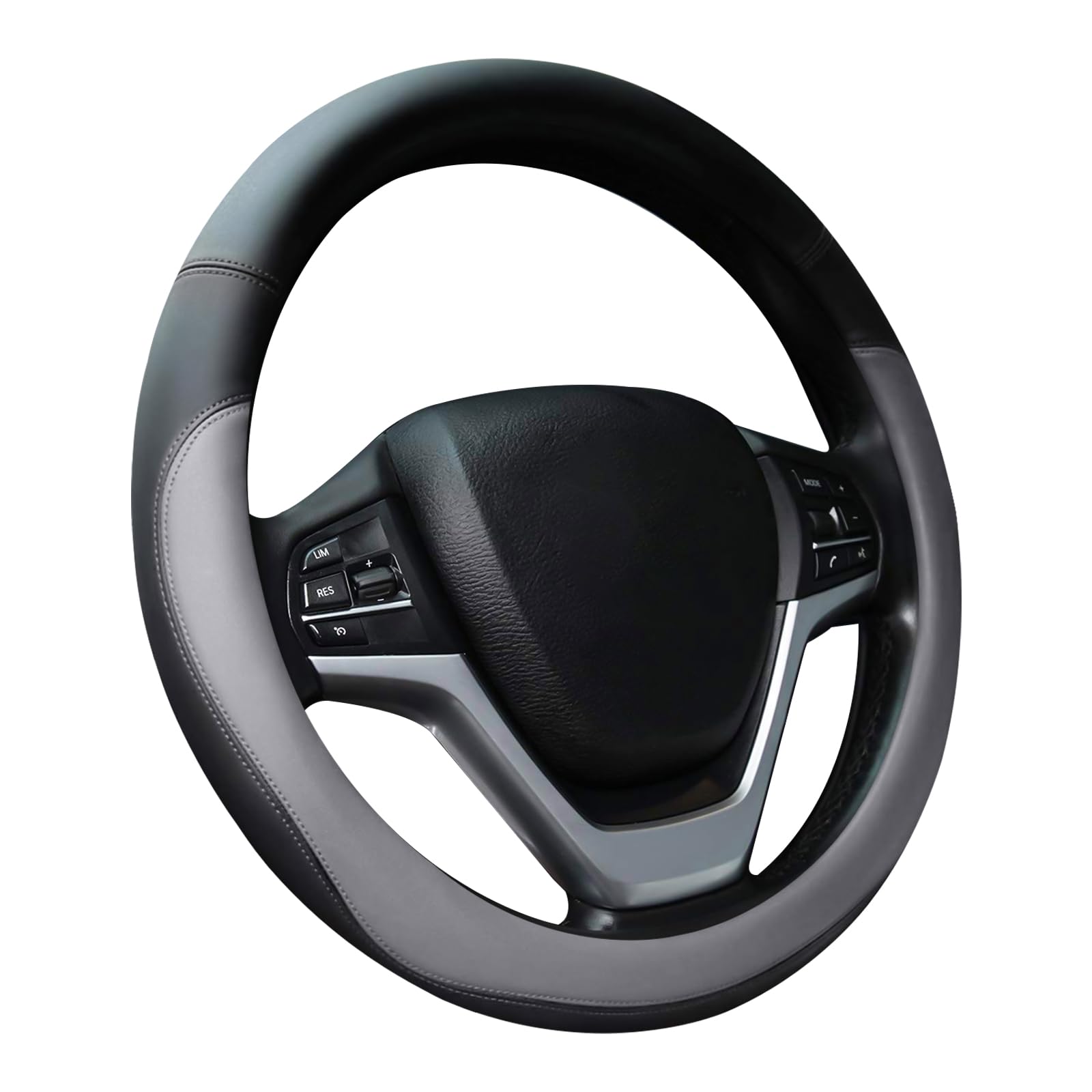 Funda gris para volante de automóvil, piel de napa, bloqueo de color inferior, universal, de 14.5 a 15 pulgadas, antideslizante, transpirable, para hombres y mujeres