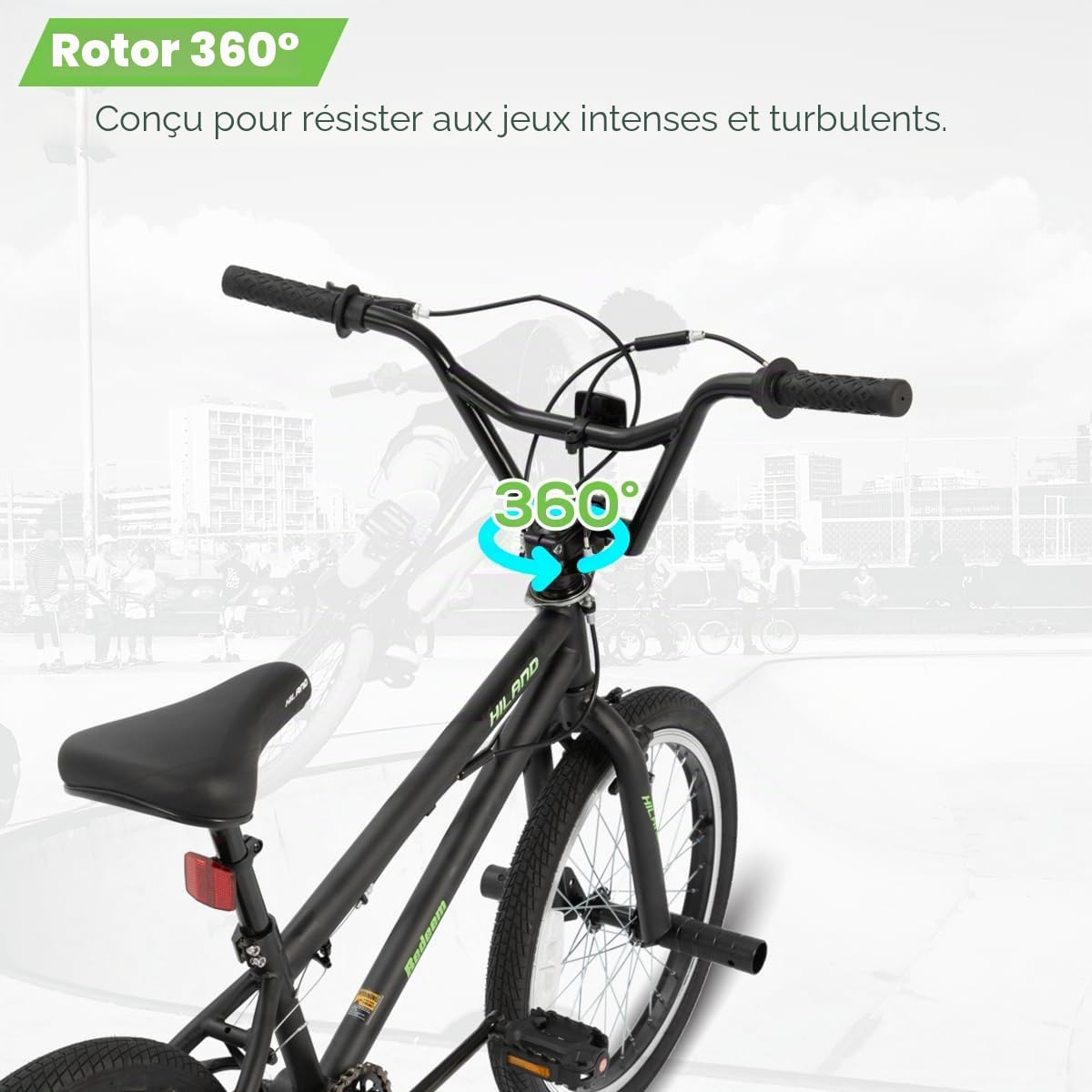 HILAND Vélo BMX Freestyle Enfant 20 Pouces, 4 Pegs en Acier et Roue Libre, avec Rotor 360°, pour Garçon et Fille de 7 à 12 Ans, Noir/Vert/Rouge/Blanc