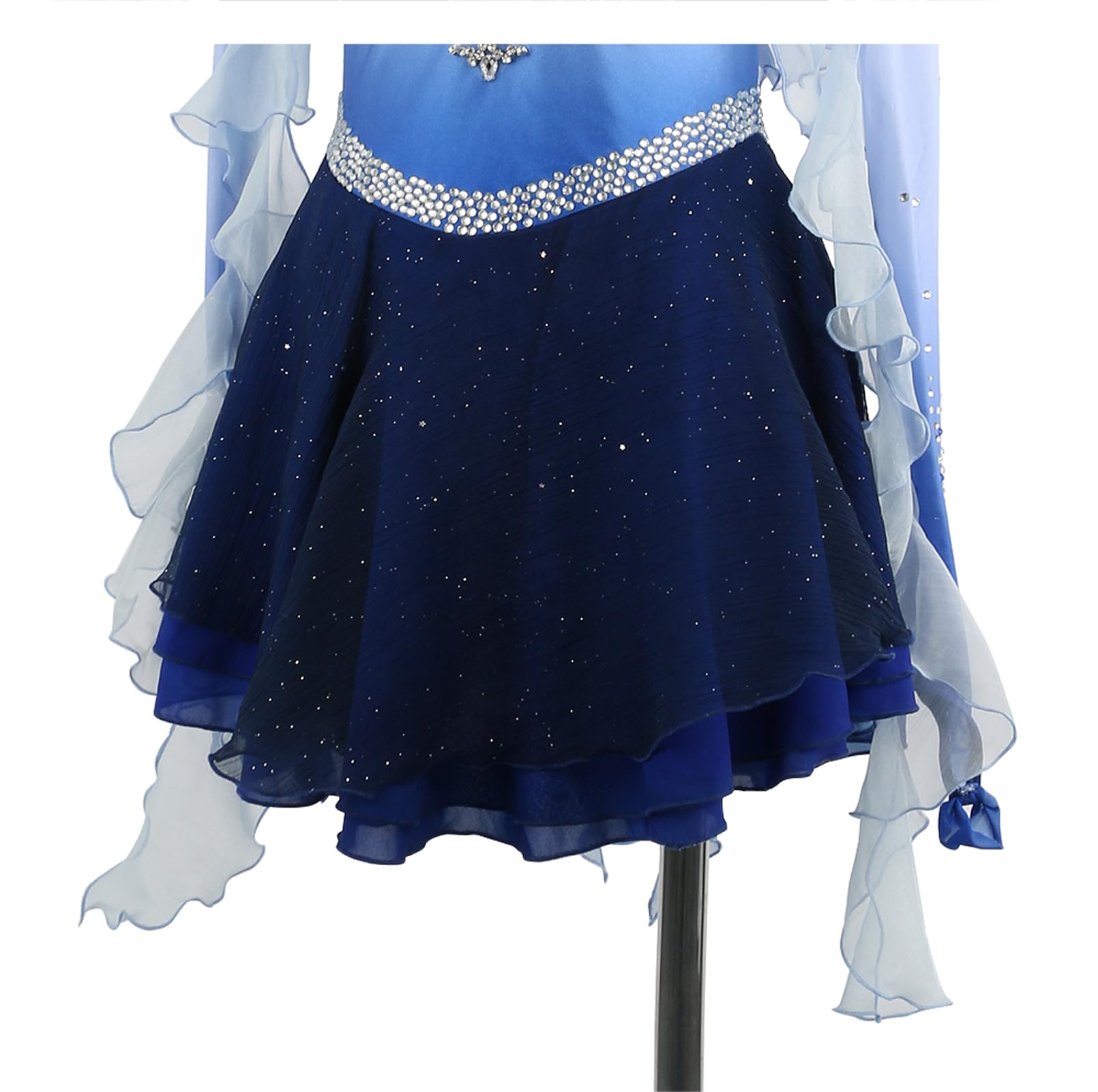 Vestido Patinaje Artistico Niña, Maillot Azul Cinta Manga Larga Mujer de Lentejuelas Rhinestone, Vestido De Baile Lírico Maillot