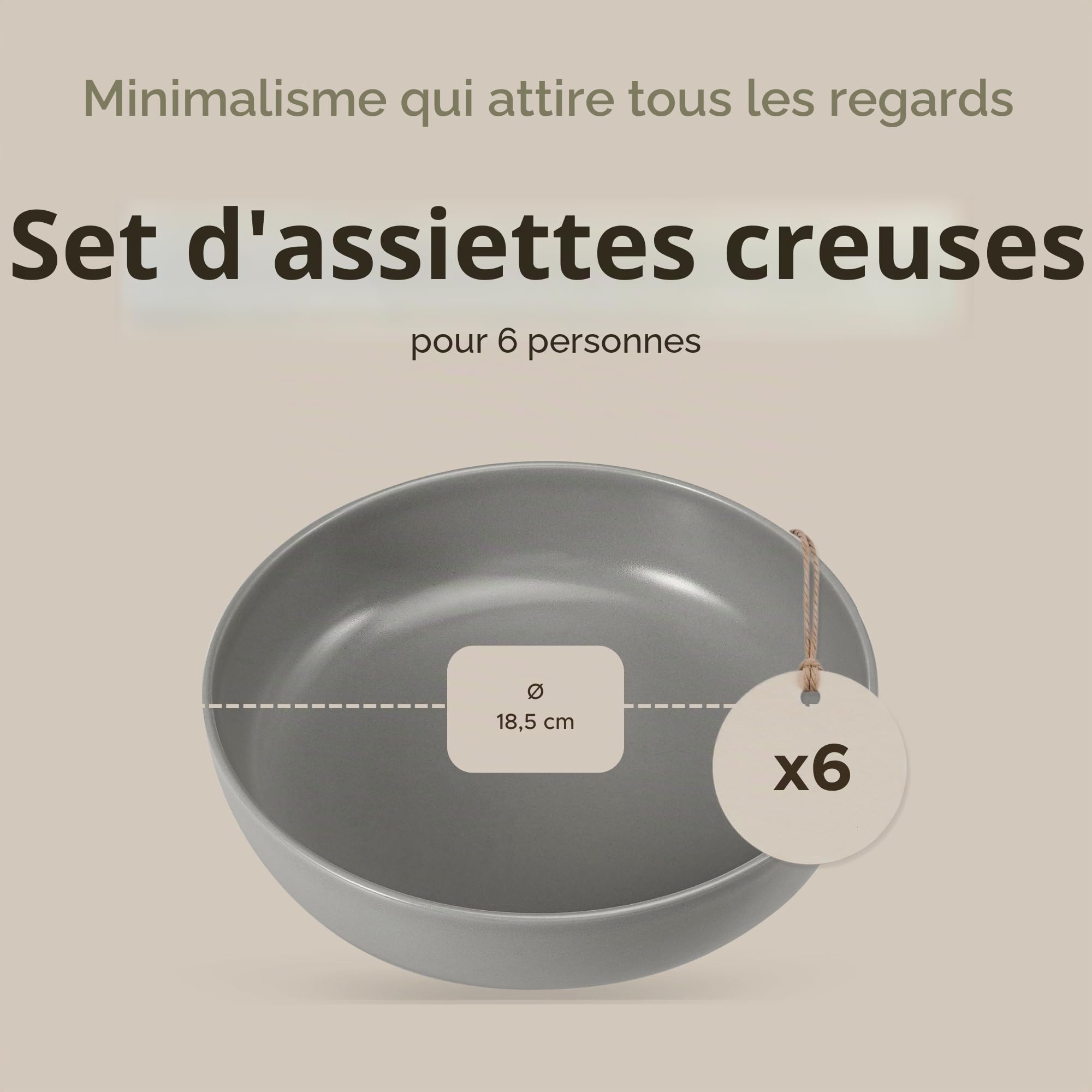konsimo. VICTO Assiette Creuse pour 6 Personnes - Service de Table 6 Personnes - Passe au Lave-vaisselle Micro-ondes - Service Vaisselle - Assiettes Creuses - Vaisselle - 18,5 cm - Beige