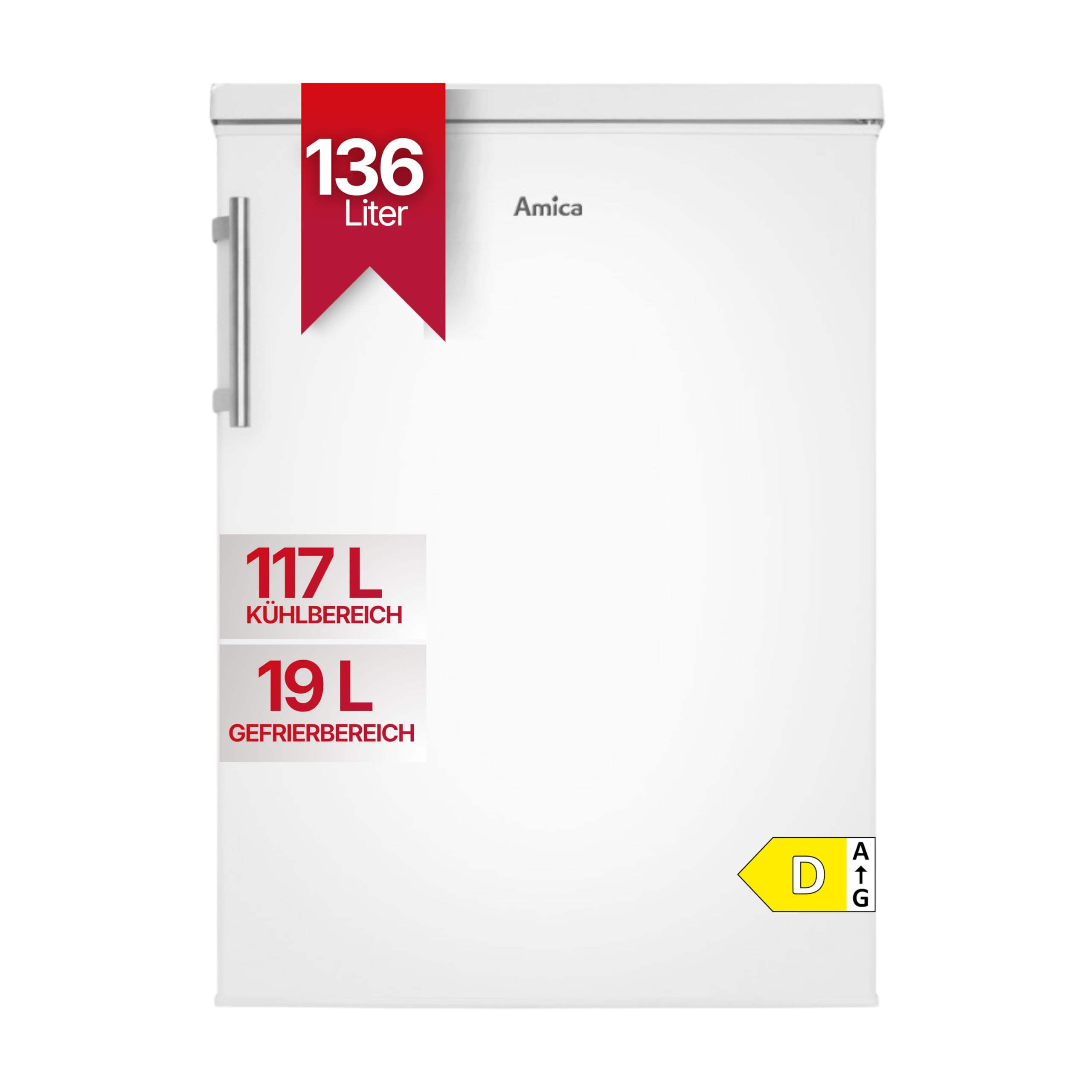 Amica Kühlschrank mit Gefrierfach 136 L 85x60x64,8 cm KS 15915 W | 117 L Kühlteil, 19 L Gefrierteil, LED Beleuchtung, Gemüseschublade, Wechselbarer Türanschlag, Glasablage