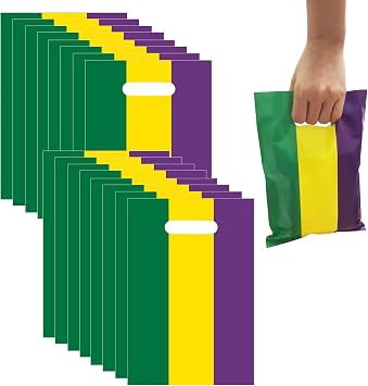 CupaPlay 50PCS Mardi Gras Goodie Plastic Bags Carnival Birthday Theme Party Supplies Decorations Baby Shower Birthday Bag