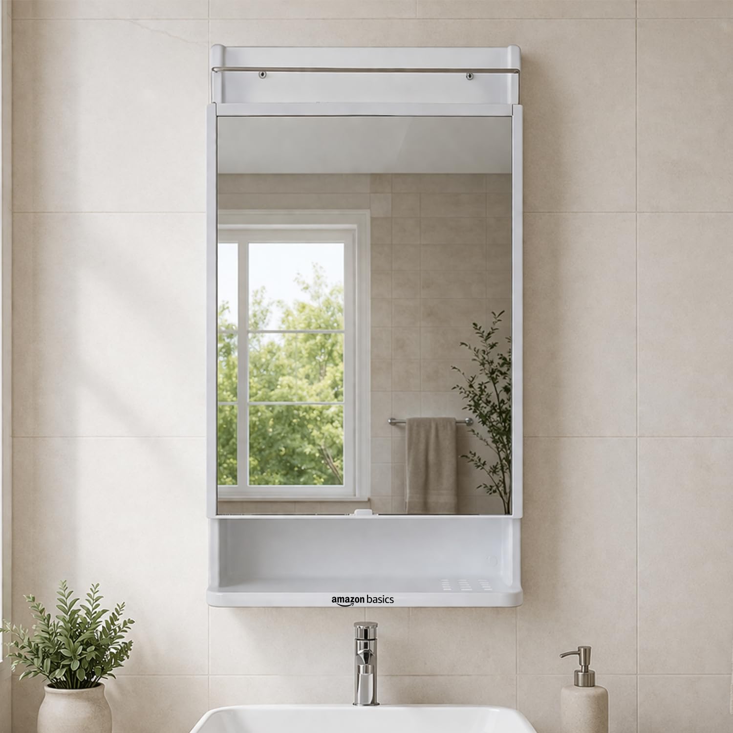 Amazon Basics CleanLook Premium Plastic Bathroom Mirror Cabinet with Storage, Wall Mounted Multipurpose Organizer for Toiletries & Essentials, White Colour-image-9