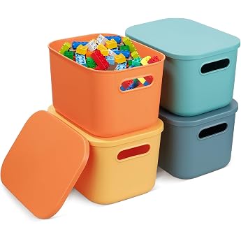 autumndeer Pack of 4 Plastic Storage Boxes with Lid Colourful Plastic Boxes Storage Containers Stackable Storage Basket for Shelves Kitchen Bathroom Office Children's Room 24.5 x 17.5 x 16 cm