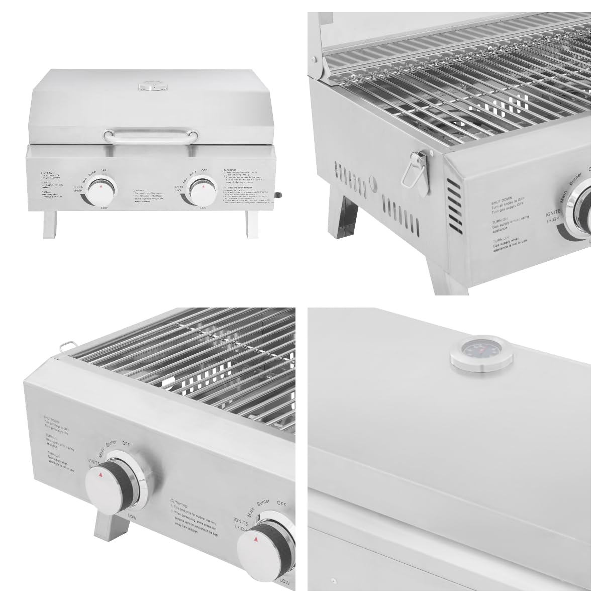 Grill stołowy grill gazowy, 2-palnikowy, ze stali nierdzewnej, ze składaną podstawką, przenośny, składany, do ogrodu, na kemping, piknik, balkon, zapłon piezoelektryczny, 55,8 x 45 x 38 cm