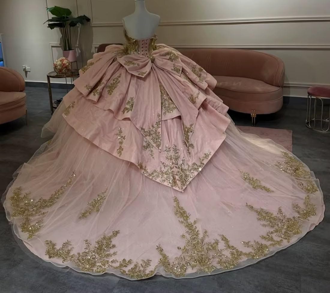 Ftupza Gold Lace Appliques Quinceanera Dresses with Detachable Bow Tassel Tulle Ball Gown Beaded Sweet 16 Dress - Image 3