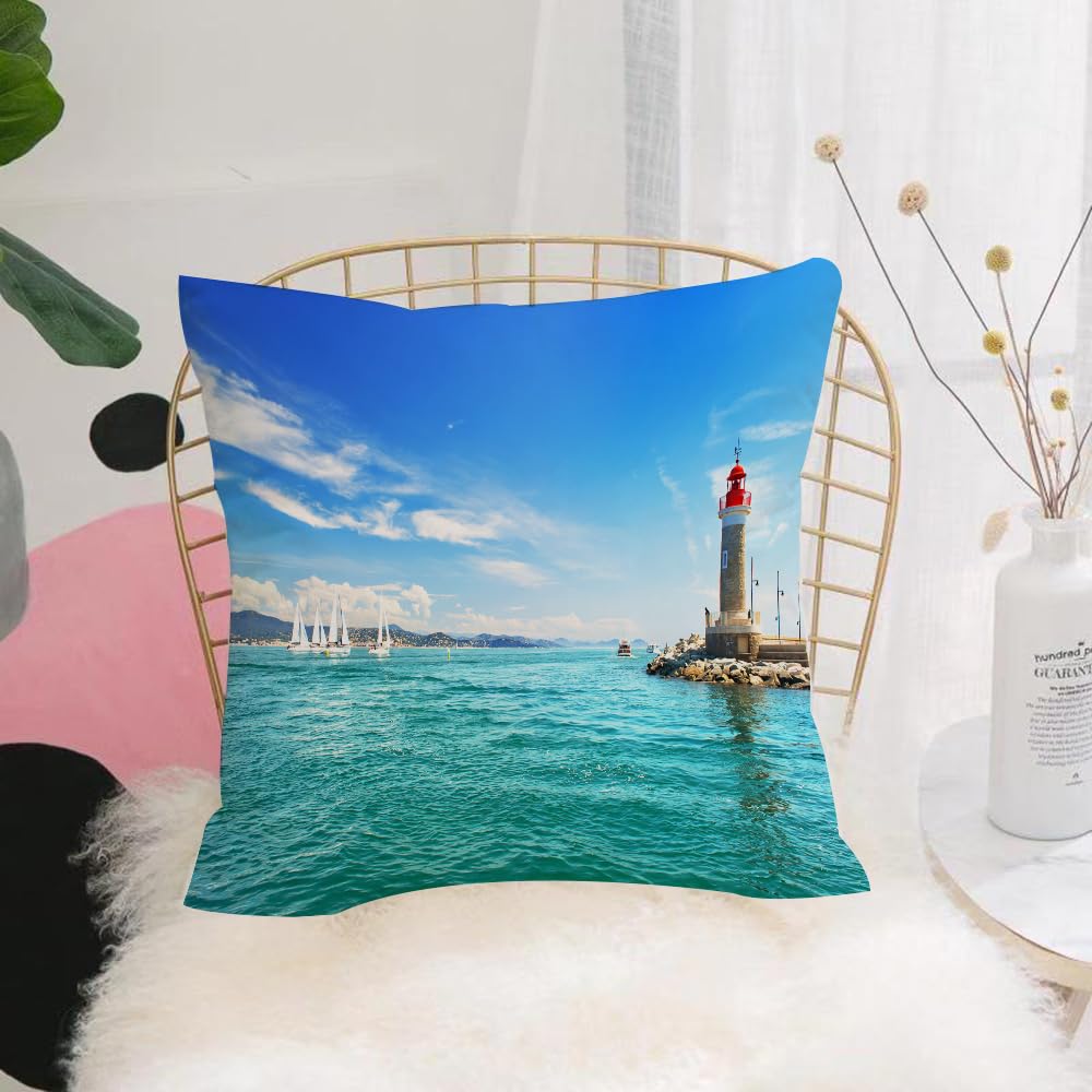 Hyosxw Lighthouse, Day, Seaside, Sailboats, Lightho - A8 Cushion Cover,Throw Pillow Case Home Decorative For Living Room Bedroom Sofa Chair 18X18 Inch,Lighthouse, Day, Seaside, Sailboats, Lighthouse, Rocks, Sea Clear, Clouds, Isla,Pillowcase 45X45cm