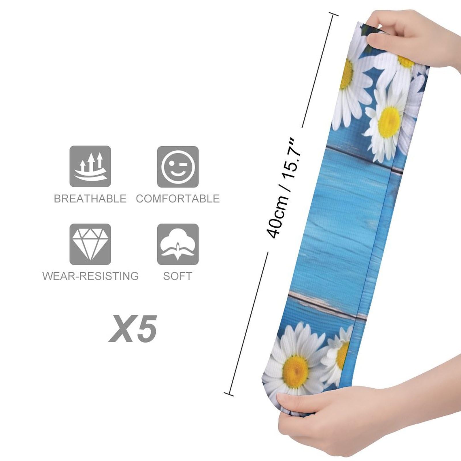 QMNRTK Daisy Flowers Blue Wooden Stocking?casual Athletic Aesthetic Socks Neutral Cotton Socks Compression Socks Control Crew Socks for Women Men