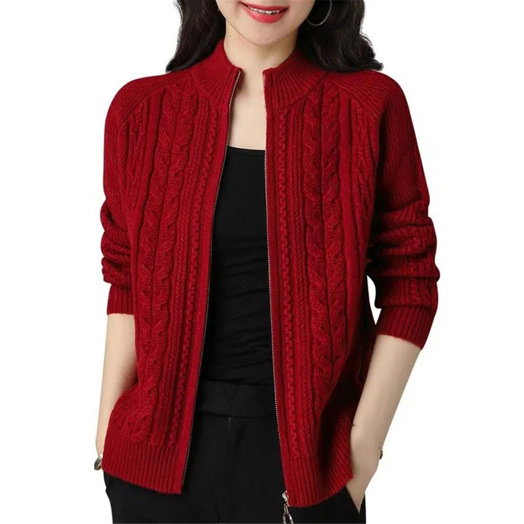 Chaqueta Tipo Cárdigan De Punto con Cremallera Y Cuello Alto para Mujer, Cárdigans De Manga Larga, Suéter Grueso