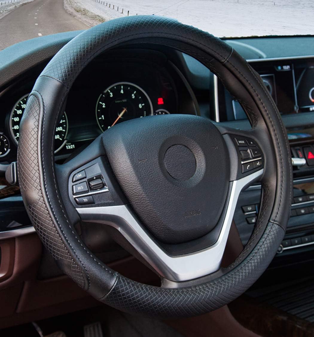 Super Accessories Auto Steering Wheel Cover Leather Black Universal 15 inch Fashion Feel Comfortable with Genuine Leather Steering Wheel Cover for Car Truck SUV (Black with Black Lines)