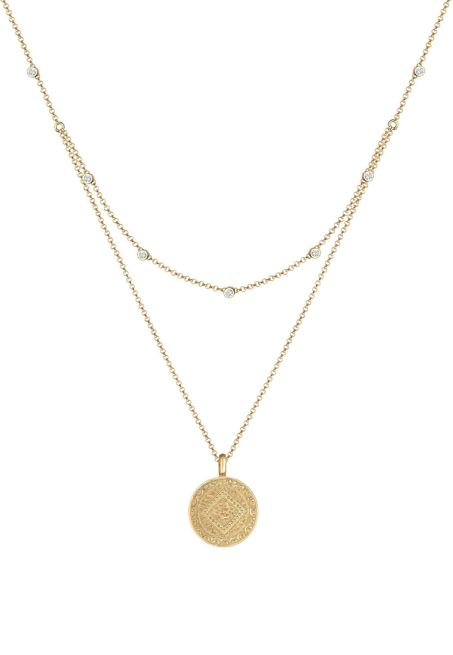 Elli Halskette Damen Layer Look Münze Plättchen Vintage mit Kristallen in 925 Sterling Silber
