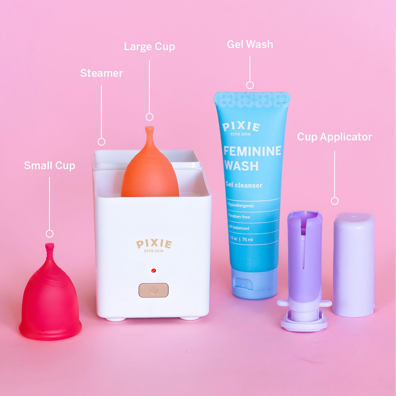 Pixie Menstrual Cup Collection - Inserts Like a Tampon™ - 2 Reusable Period Cups with Applicator, Sterilizer, Feminine Wash & Totes - All-in-One Easy Period Solution for Feminine Care