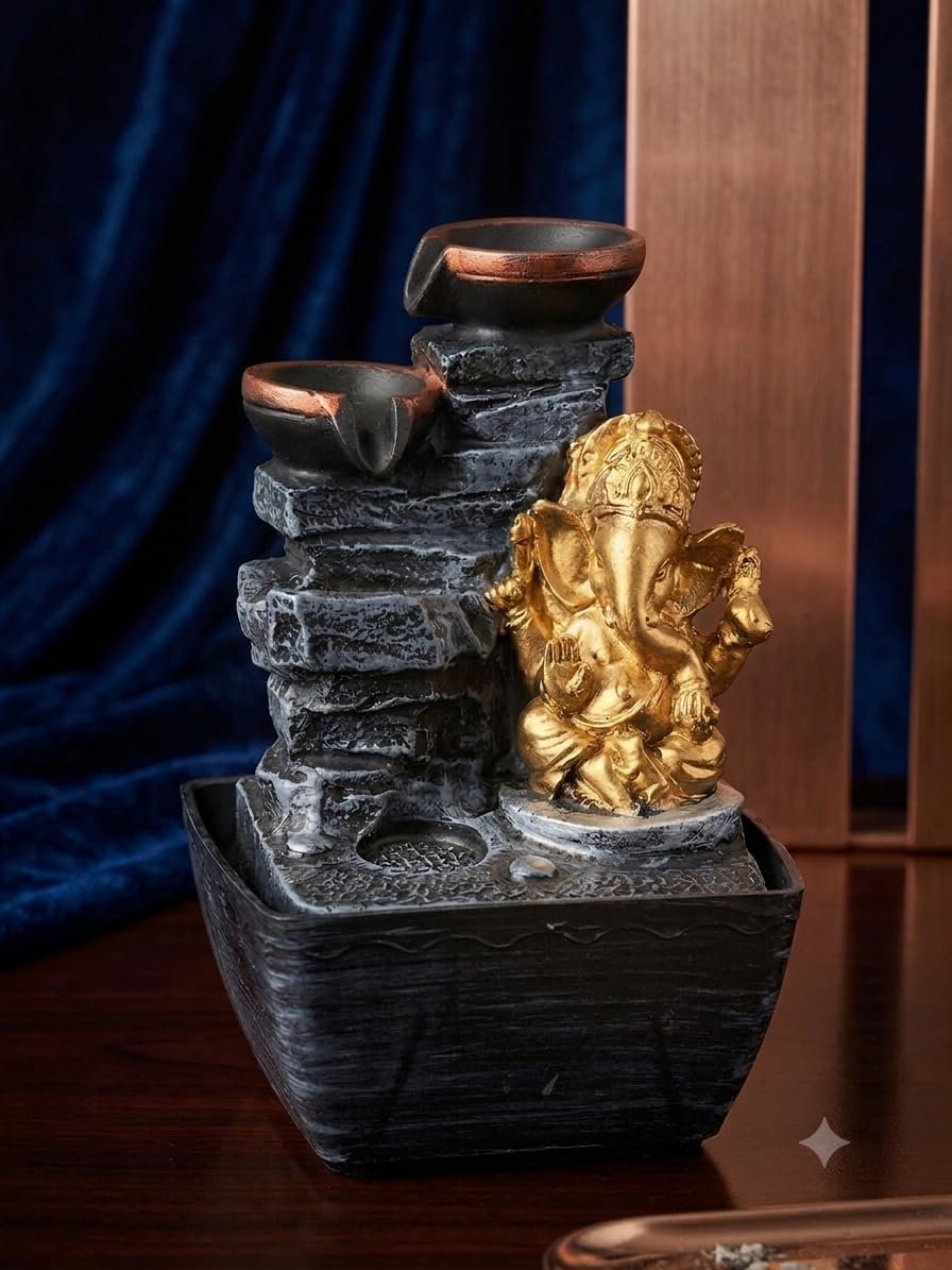 Ganesha Water Fountain with LED Light & Backflow Incense Holder | Tabletop Waterfall Fountain for Home Decor, Office, Living Room, Meditation & Pooja Room | Polyresin Decorative Showpiece-image-6