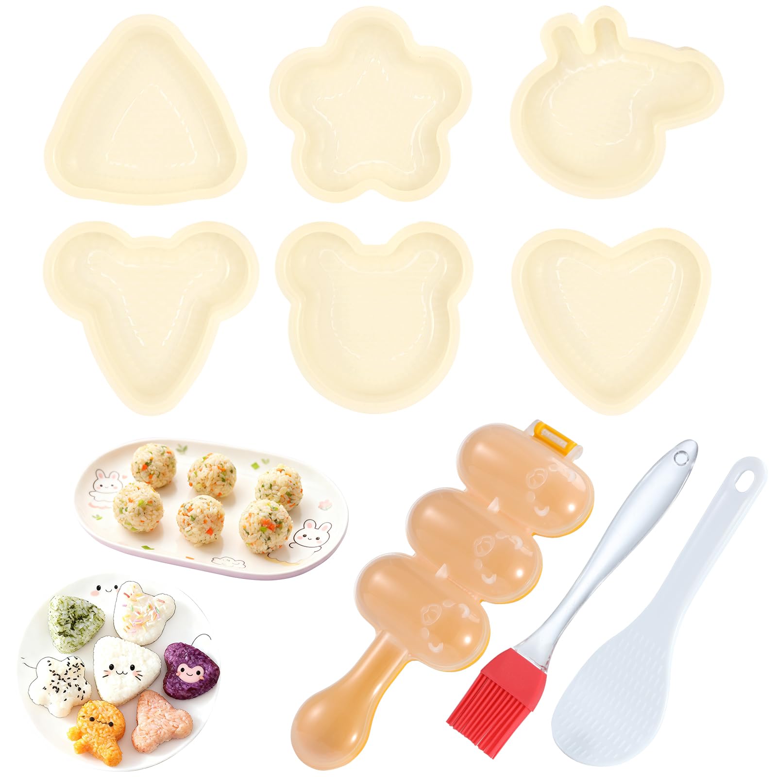 GCRQ Onigiri Mold, 9 Pcs Triangle Rice Ball Mold Sushi Maker Kit Musubi Press with Rice Paddle and Brush for Lunch Bento and Beginners (Beige)