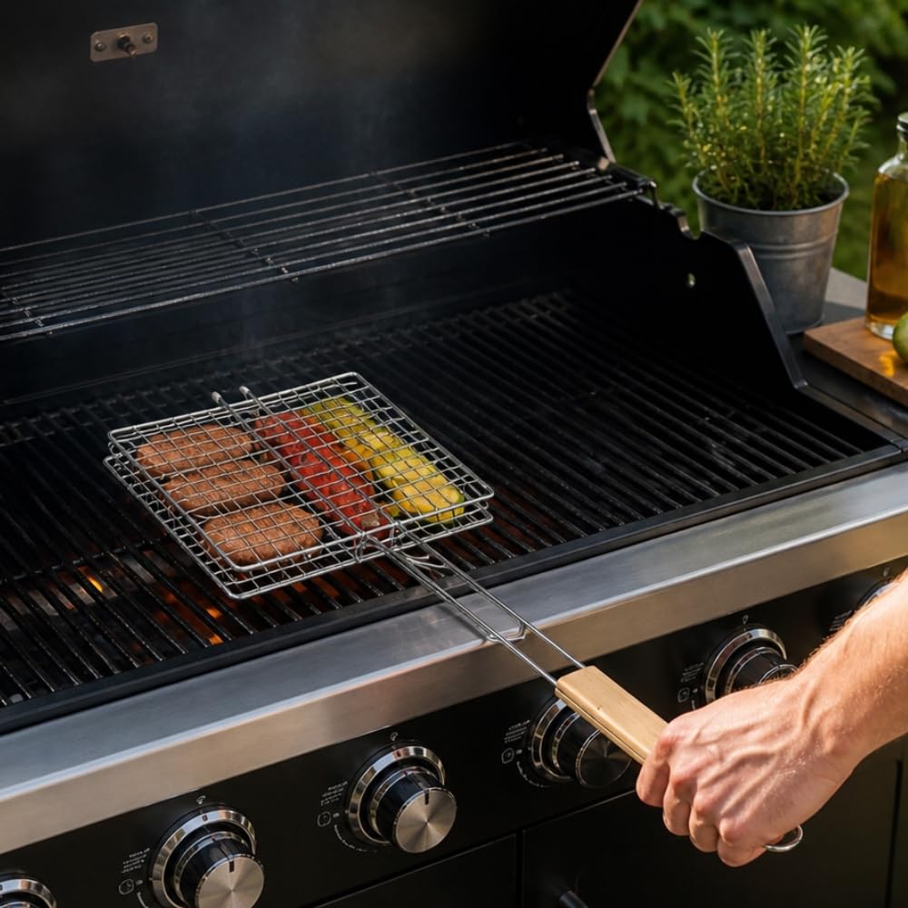 Double Grille Barbecue Carrée en Acier Chromé, 25x25 cm, Lot de 2, Manche Ergonomique, pour Viandes, Poissons et Légumes