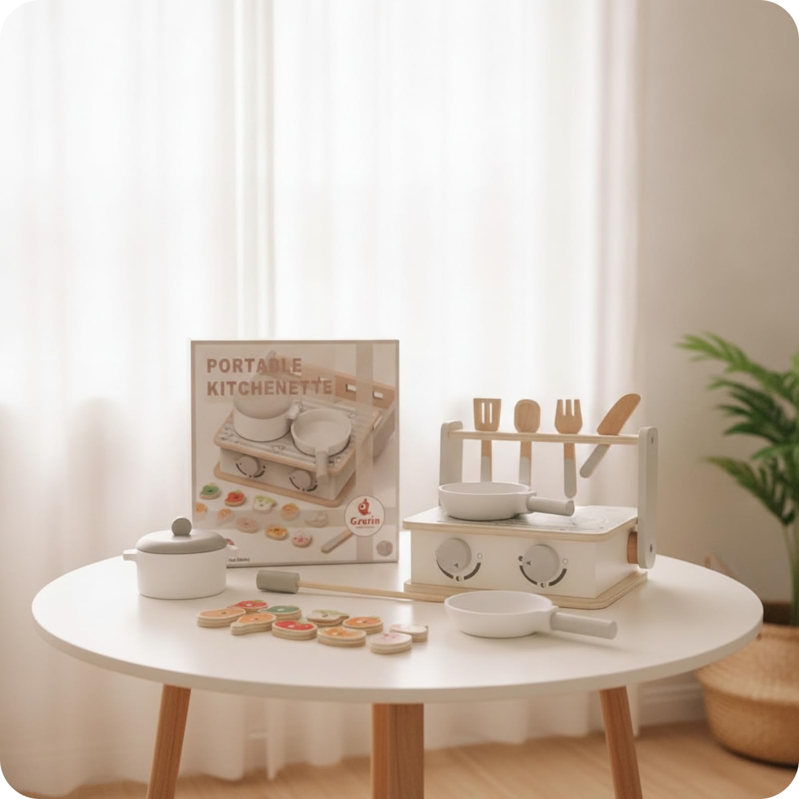 kowaku Cucina Giocattolo Bambini Mini in Legno Portatile Set Cucina Fornello Ripiano Utensili Inclusi con Portautensili a Ganci E Due Manopole Adatta per Gioco Creativo Cameretta Asilo Regali