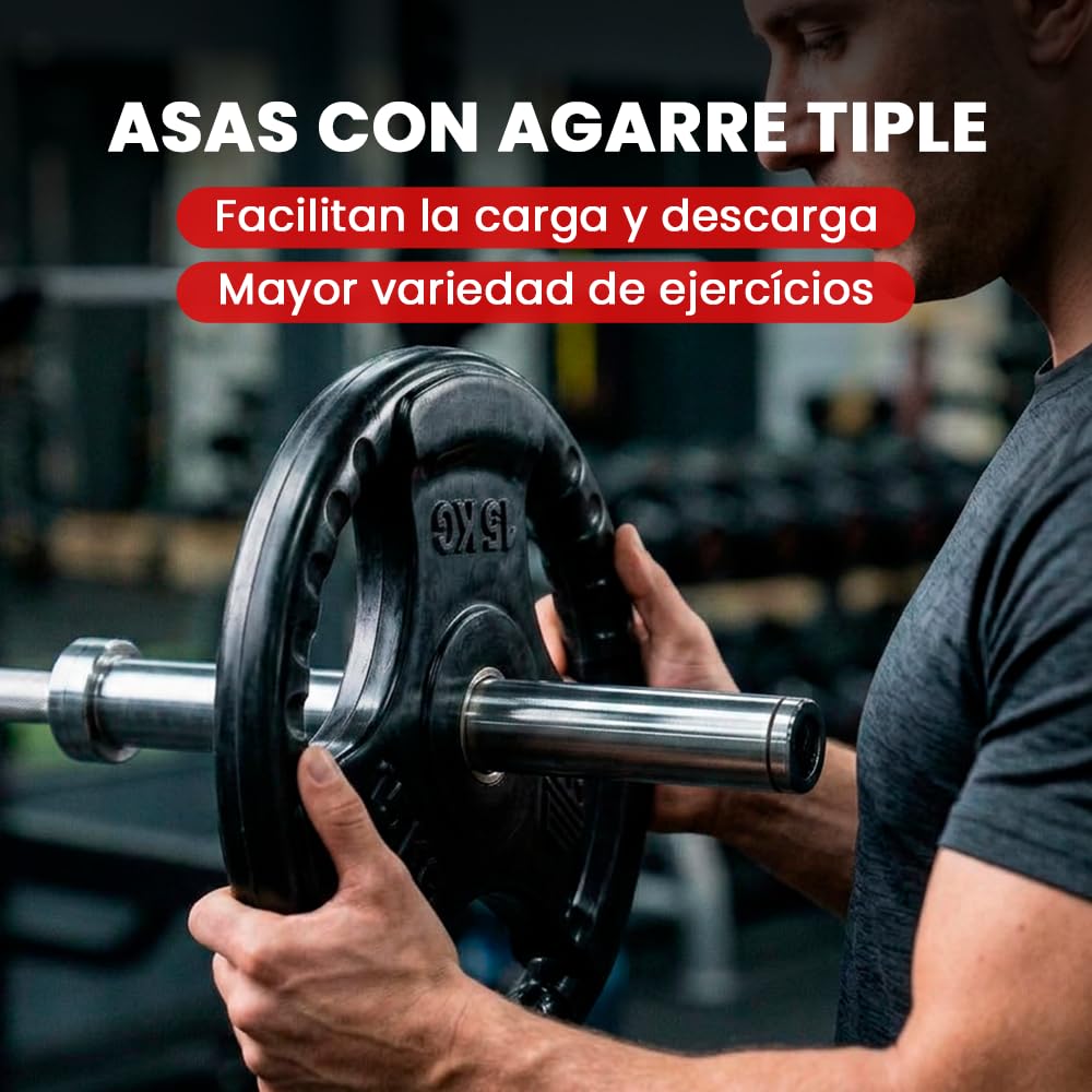 ManiBoom Discos Pesas Hierro ENGOMADO 30mm y 50mm Olimpica con Anillo Interior de Acero y Triple Agarre ERGONOMICO - Disco para Barra o Mancuernas 2,5kg, 5kg, 10kg, 15kg, 20kg