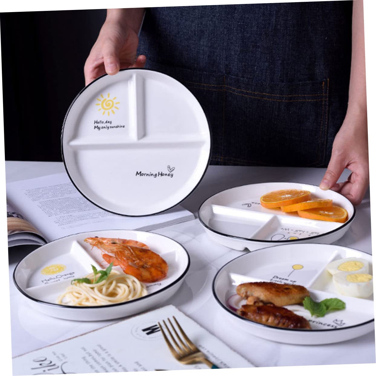 Assiette Compartimentée en Céramique 3 Compartiments 2 Pièces